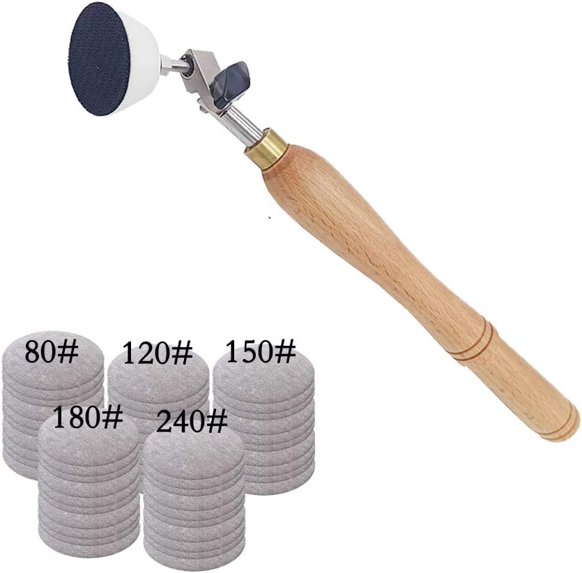 Bowl Sander, Sanding Tool for Woodworking, with 2 Inch Hook and Loop Sanding PU Pad and 11.8 Inch Long Hardwood Handle, Total 50 Pcs Sandpaper Discs in Grits 80/120/150/180/240