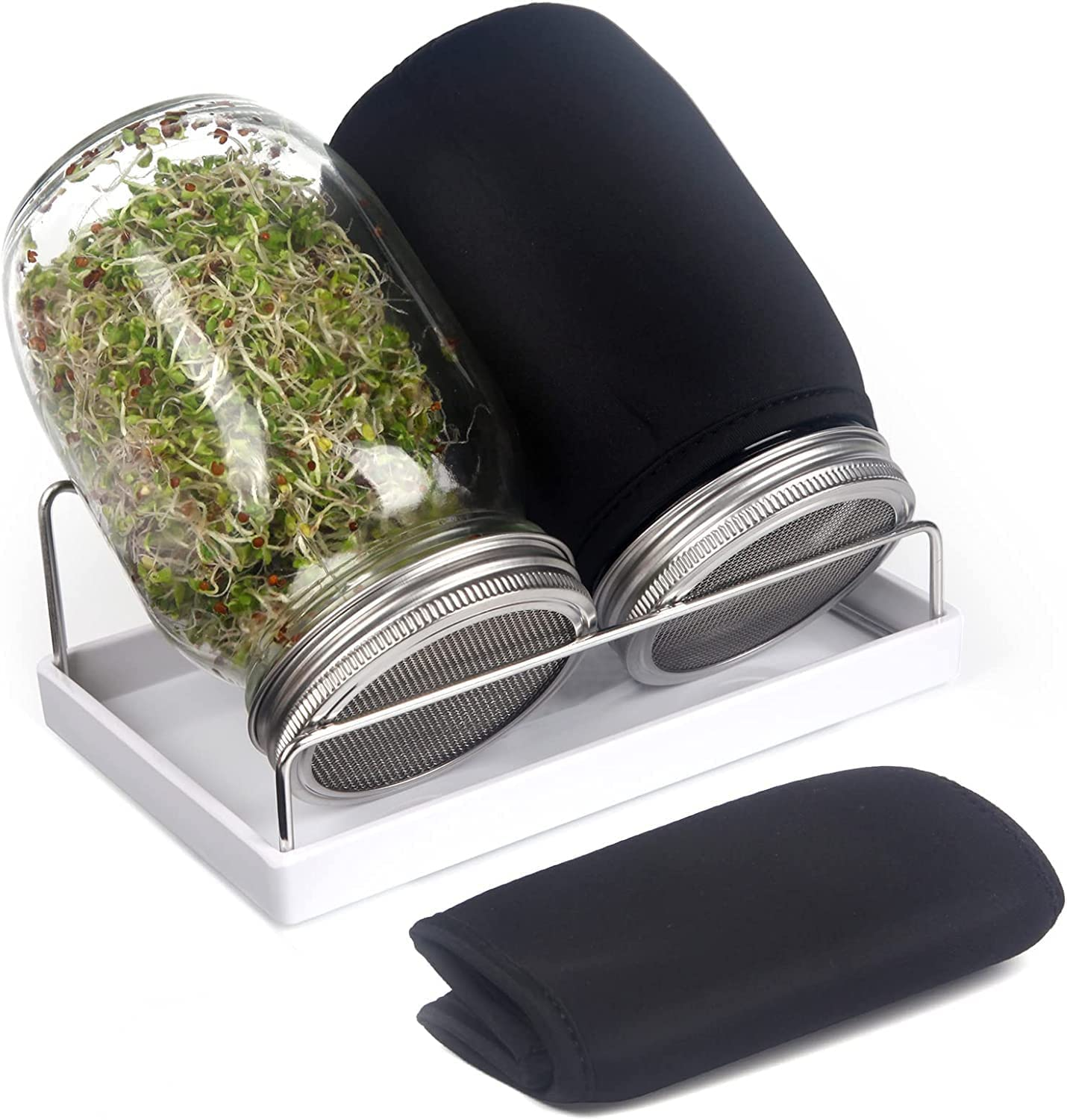 Complete Mason Jar Sprouting Kit. 2 Wide Mouth Quart Sprouting Jars with 316 Stainless Steel Sprouting Lids, Drip Tray and Stand image number 3