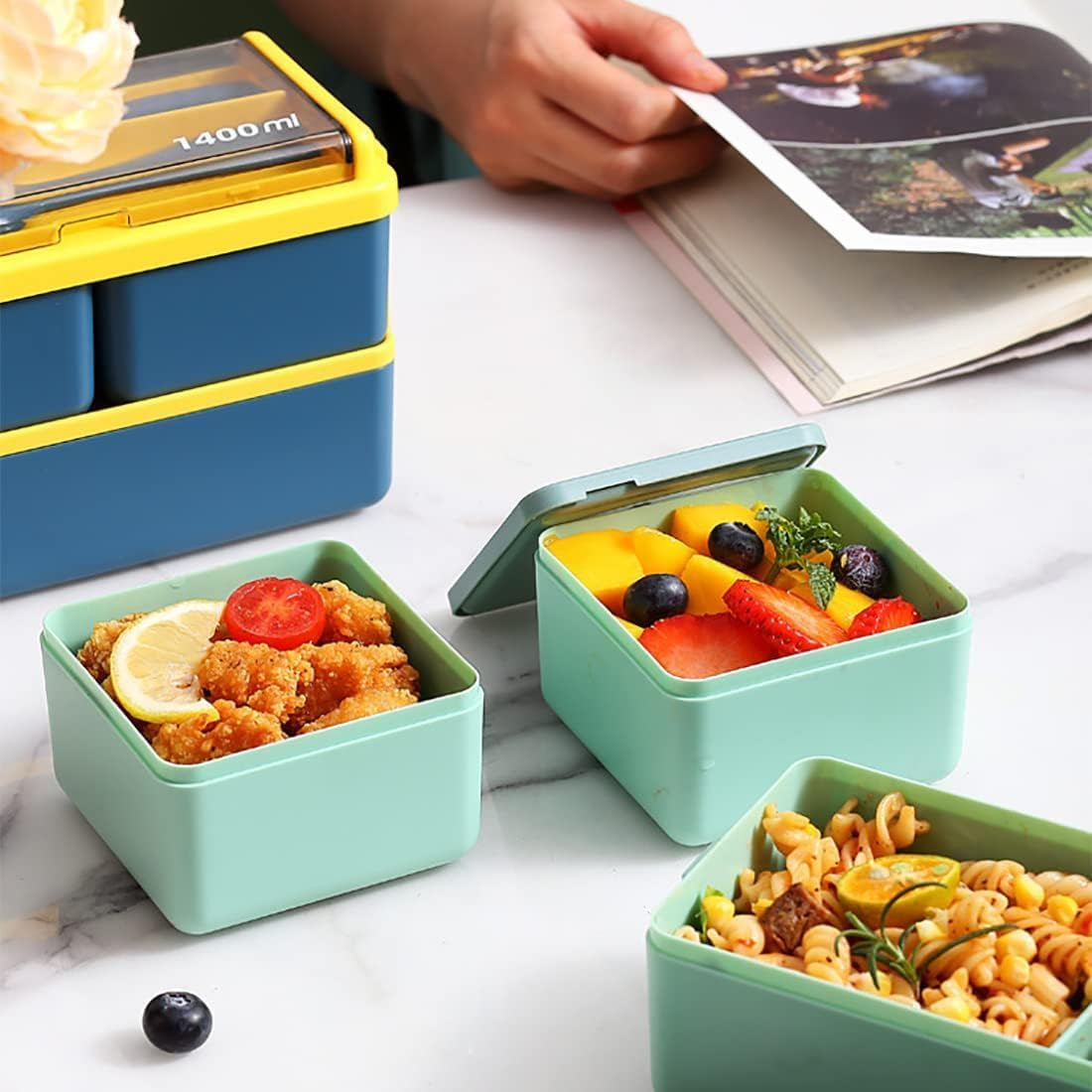 Lunch Box Stackable, 1400Ml Bento Box with Spoon Fork, Leak Proof 2 Layer Boxes with 3 Removable Compartments and Cutlery, for Adults Kids Office Microwave Dishwasher Safe Available (Green)
