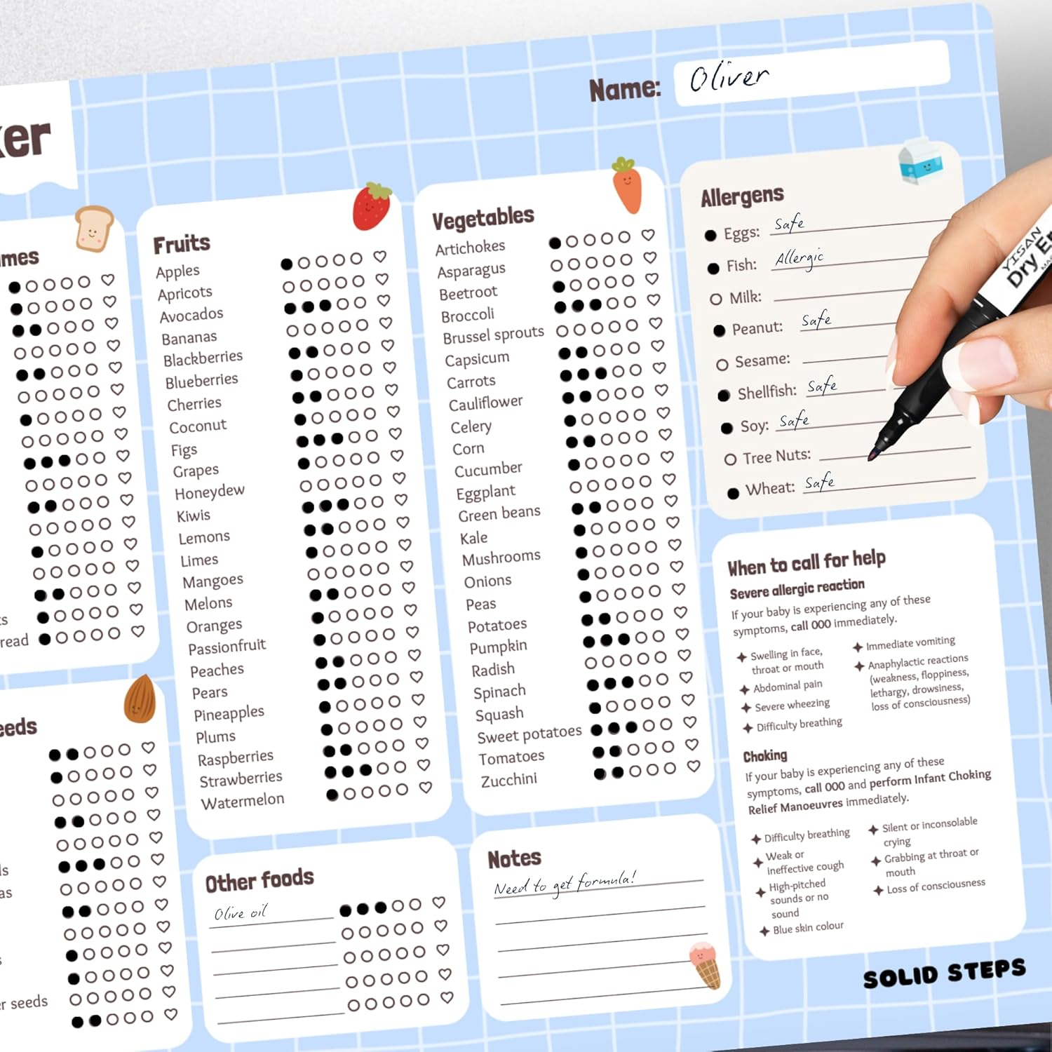 Solid Steps Baby First Foods & Allergens A3 Fridge Magnet &ndash; Whiteboard Tracker, Weaning Chart, Daily Food Log & Checklist &ndash; 130+ Solid Foods & Top 9 Allergens image number 2