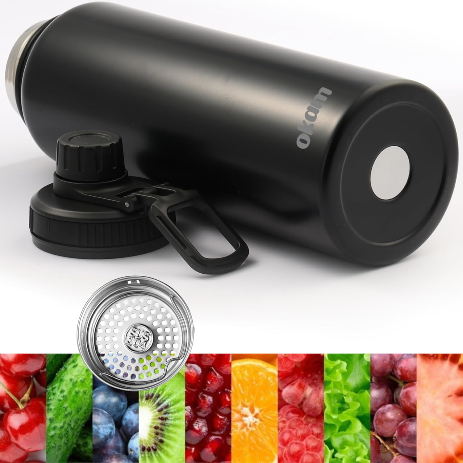 Okam 1L Drink Bottle Leak Proof Tea Infuser Bottle, Black - Stainless Steel Double Layer Vacuum Insulated - Dual Drink Hole, Tea/Fruits Strainer - Handle-For Hot/Cold Water, Tea, Infuser Travel Bottle image number 1