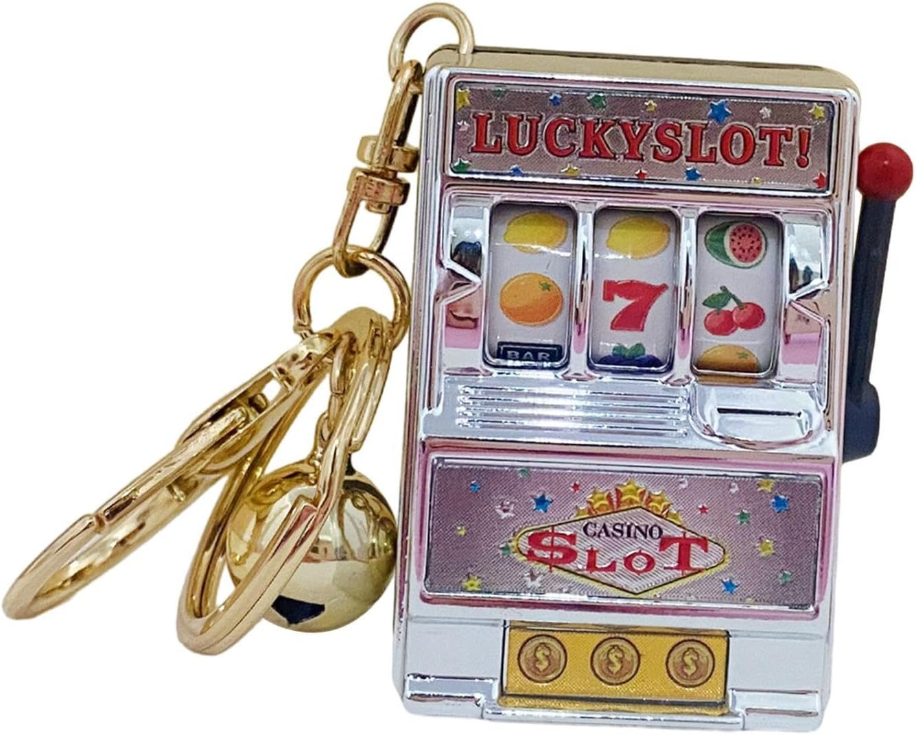 Mini Slot Machine Toy Keychain Mini Arcade Game Toy, Novelty with Bell Portable Fruit Machine Slot Pendant Gaming Gifts for Women Boys, Argent