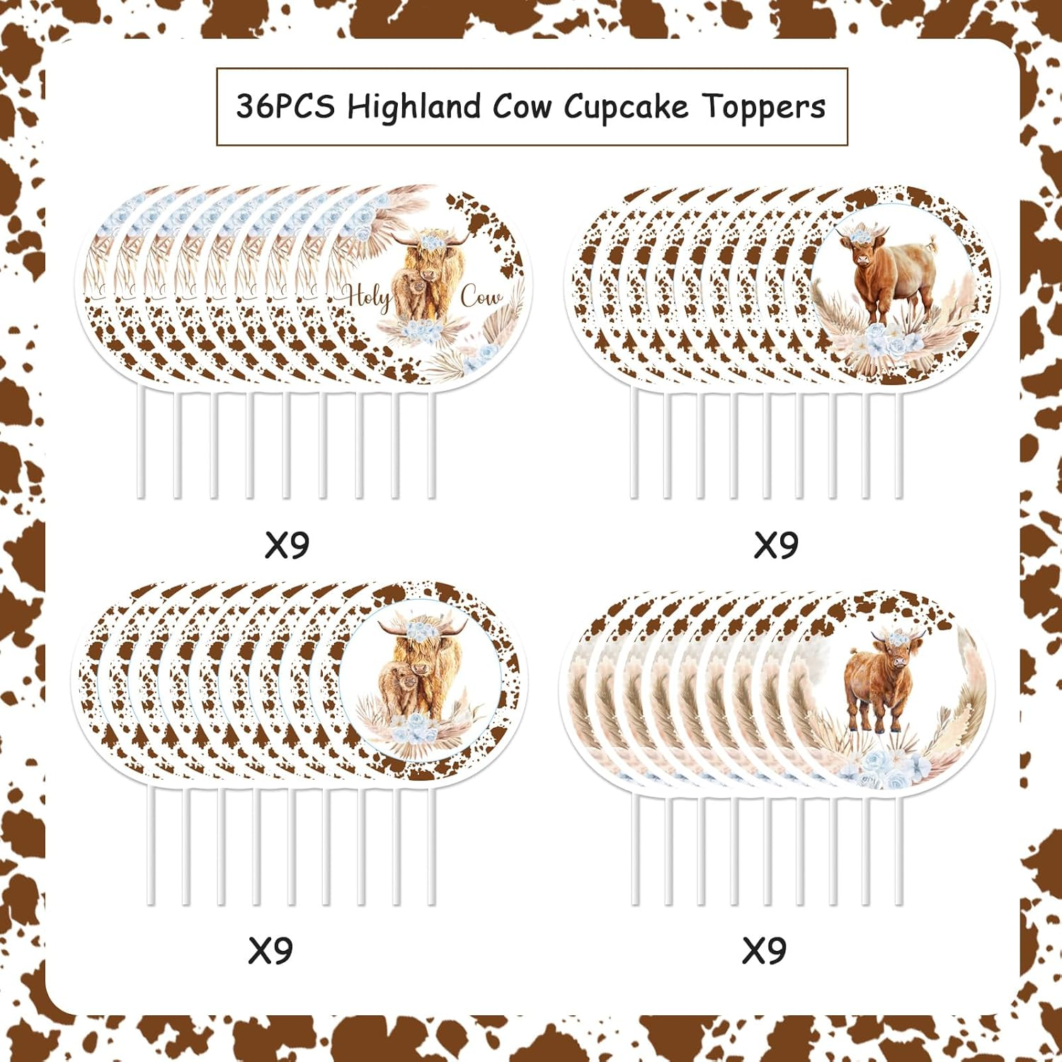 36Pcs Highland Cow Cupcake Toppers Blue for Boys Highland Cow Baby Shower Decorations, Highland Cow Birthday Party Supplies image number 5