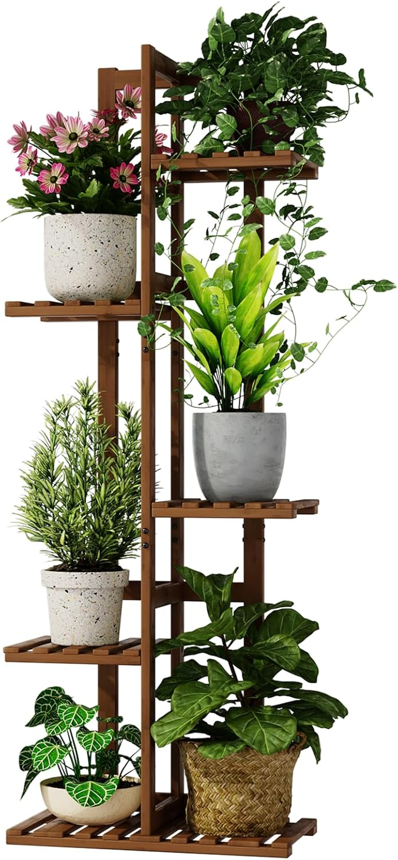 Bamworld Plant Stand Indoor, 5 Tier Bamboo Corner Plant Shelf for Multiple Plants, Small Tiered Flower Stand for Window Garden Balcony Home Decor Living Room Bedroom(Tea Brown)
