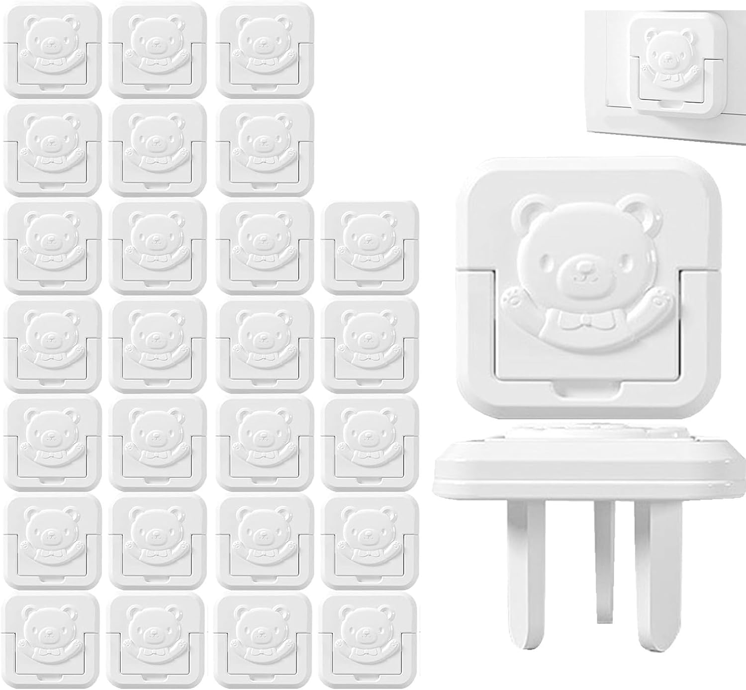 26Pcs Socket Protection Cover, Power Point Cover Child Proof with Hidden Handle, Power Point Cover Waterproof, Dustproof and Electric Shock-Proof (National Standard-Square Bear 3-Hole-White *26) image number 3