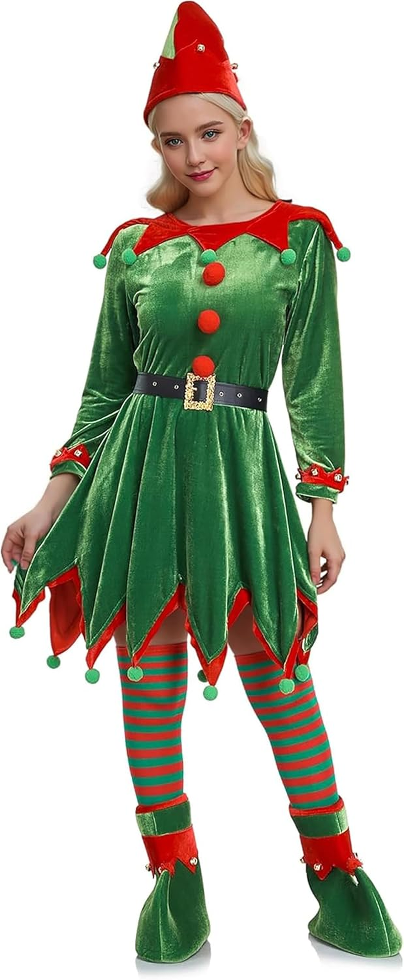 Elf Costume for Women Christmas Halloween Party Cosplay Dress 6 Packs Santa'S Helper Costume Christmas Outfit Elf Hat Shoes Ears Belt Socks image number 2