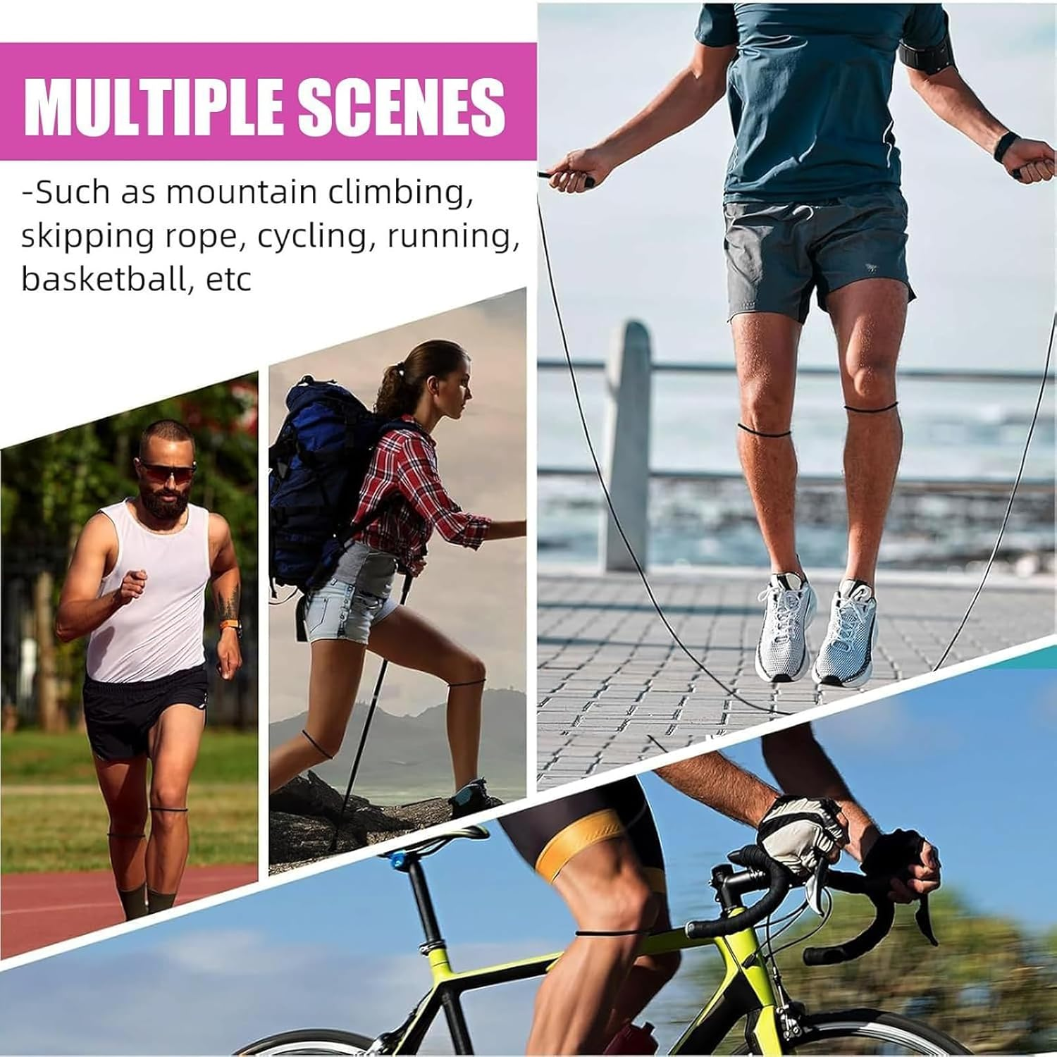 4 Pack Patella Knee Straps，For Pain Relief Patella Fine Bands for Knee Pain Relief, Flexible Knee Band & Patella Strap for Running, Basketball, Sports - Knee Stabilizer Rings for Men and Women. (Black & White) image number 6