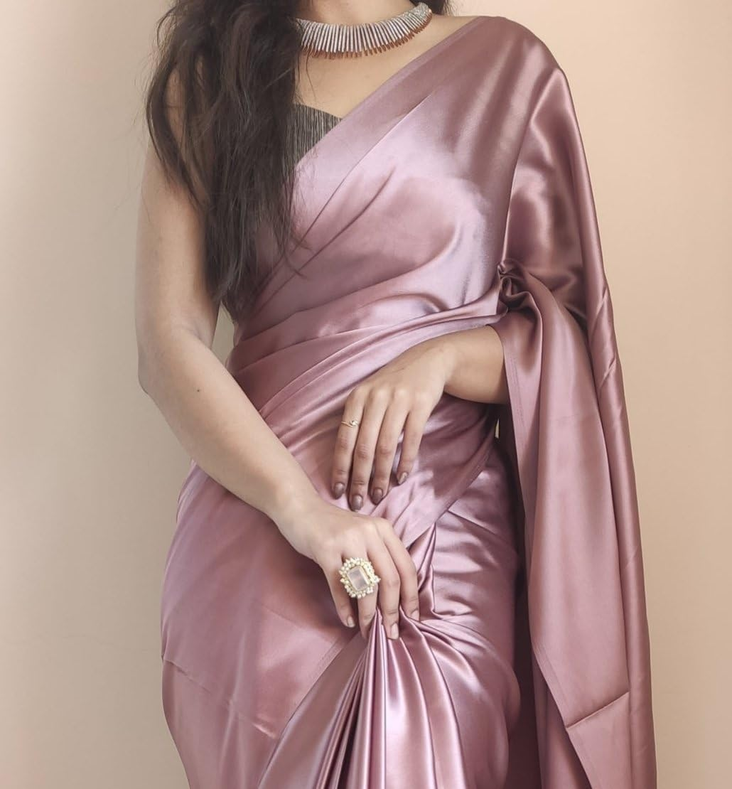 SATAZ Women'S Ready to Wear Rose Gold Satin Silk Pre Pleated Saree with Unstitched Blouse, Free Size image number 1