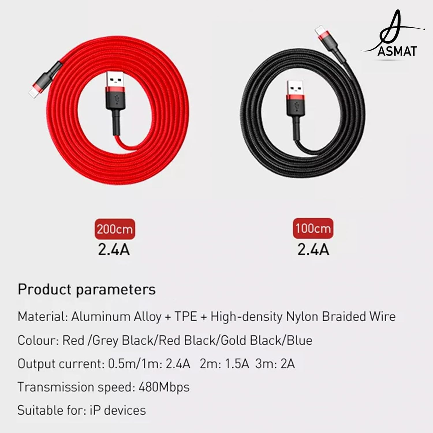 ASMAT Braided Fast Iphone Charger Cable Compatible for Apple Iphone 7 8 X 11 12 13 14 Pro Ipad & Airpods - Red Color 2 Meter image number 2