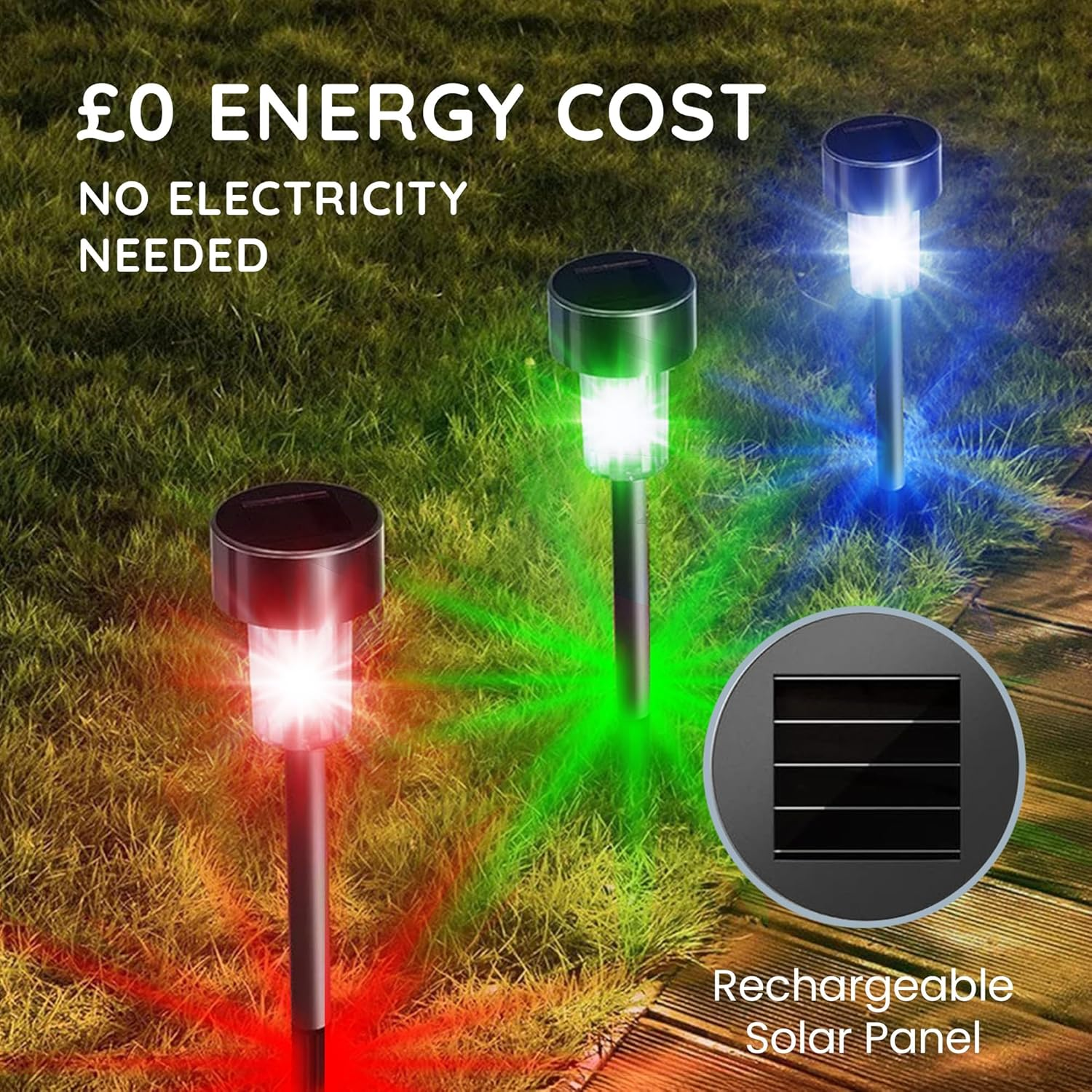 10 X CUQOO Colour Changing Solar Garden Stake Lights - Rechargeable LED Solar Powered Garden Lights - Waterproof Outdoor Lamps - Stainless Steel Outdoor Solar Lights for Garden, Pathway Lighting image number 3