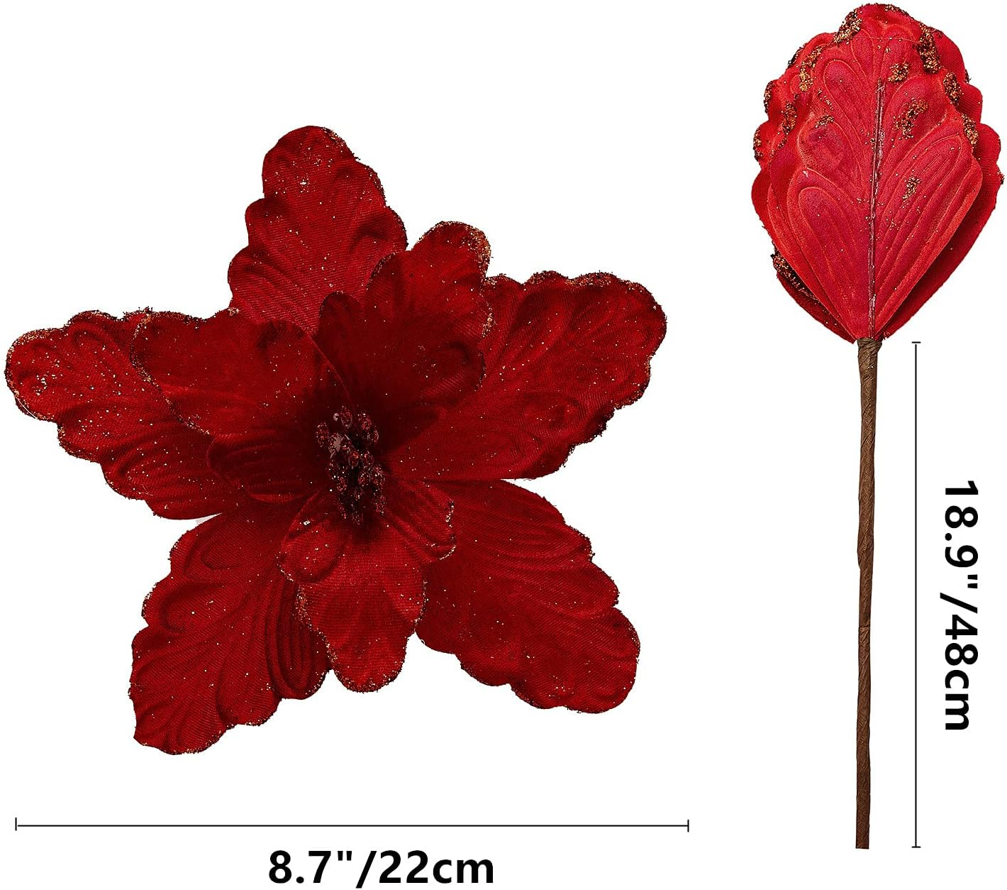 10 Pcs Large Poinsettias Christmas Tree Flower Glitter Silk Flower Picks Ornaments for Wreath Garland Wedding Decoration (Dark Red)