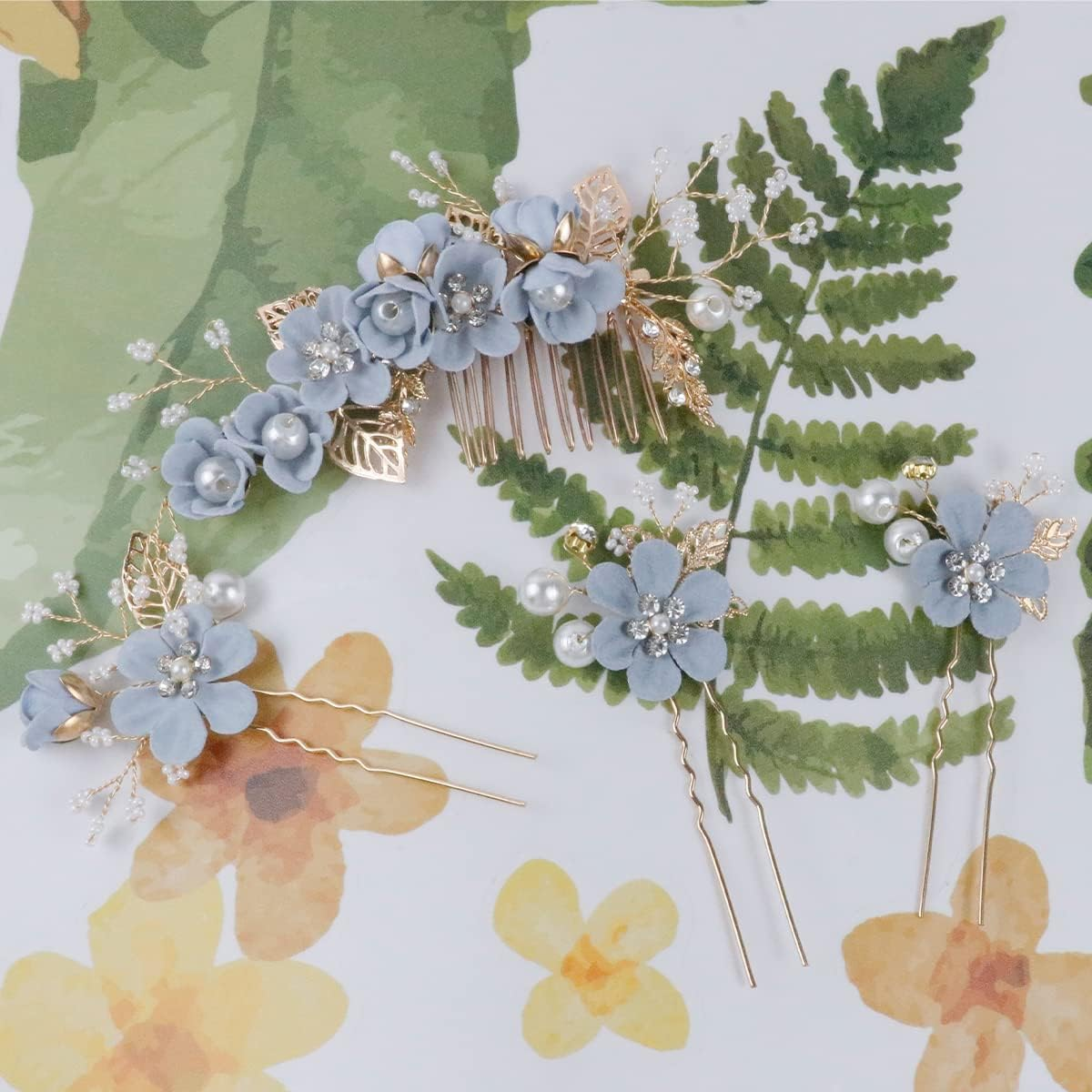 4 Pieces Bridal Flower Wedding Hair Comb Rhinestones Crystal Floral Hair Pins Hair Clips Wedding Hair Accessories Hair Jewelry for Brides Bridesmaids Women Girls(Blue) image number 5