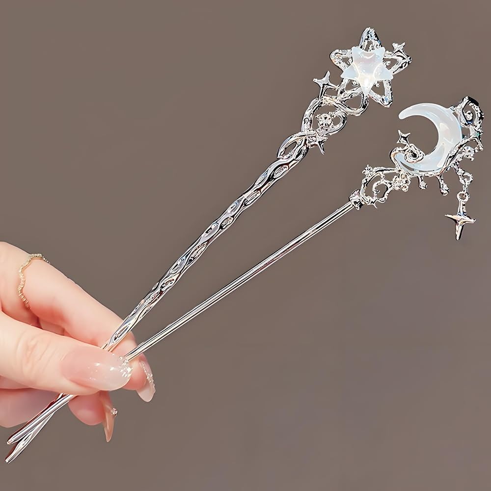 2Pcs Star Moon Hair Sticks for Buns Long Hair Metal Silver Hair Stick Pin Hair Chopsticks for Women Chinese Hairpin Hair Pin Vintage Hair Pins Hair Chopstick Hairstick Hair Accessories for Gifts image number 5