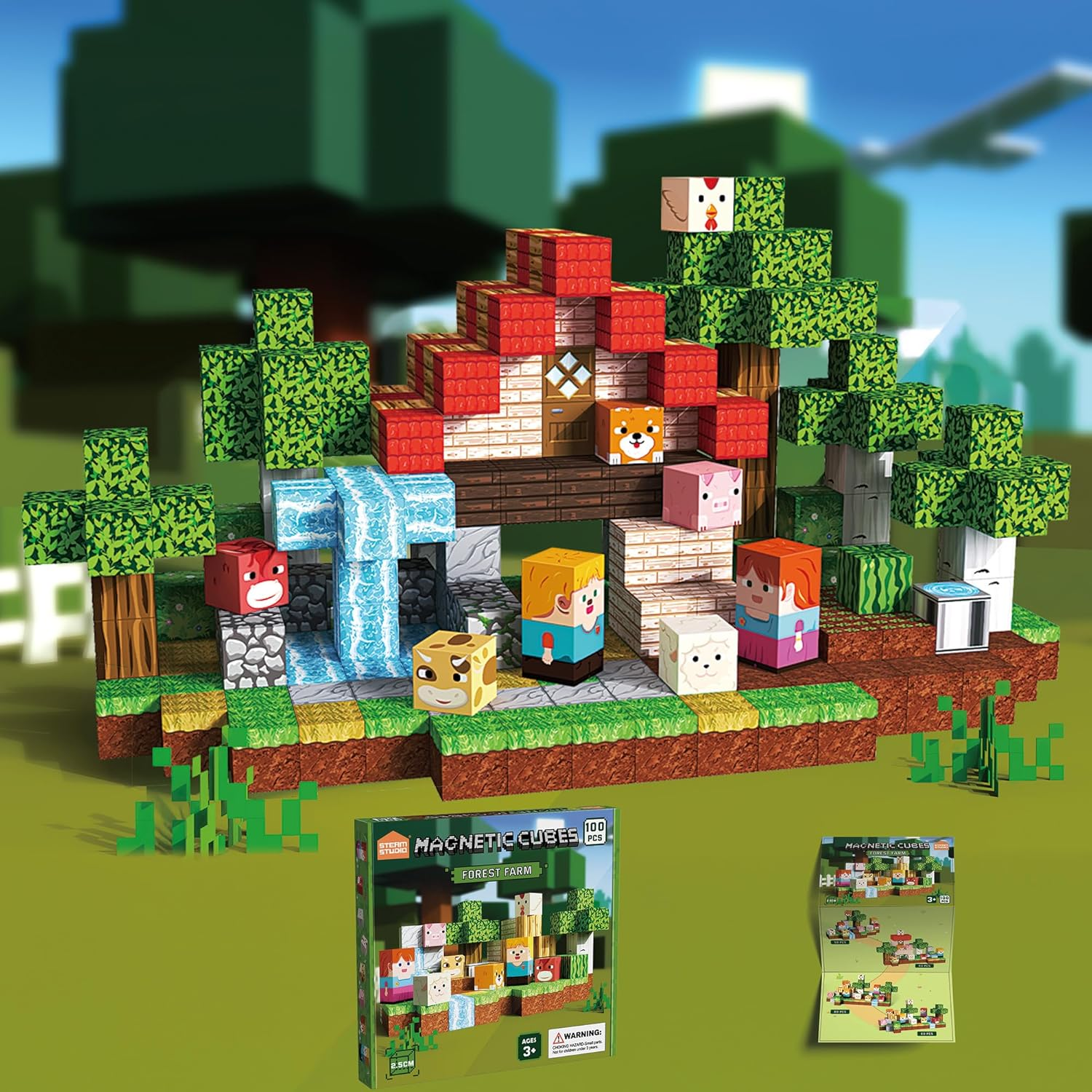 Magnetic Blocks 100 PCS Build Mine Forest Farm Set, Magnetic Tiles Building Blocks Toddler Toys STEM Sensory Outdoor Toys for 3+ Year Old Boys & Girls, Creative Kids Games Kids Toys image number 1