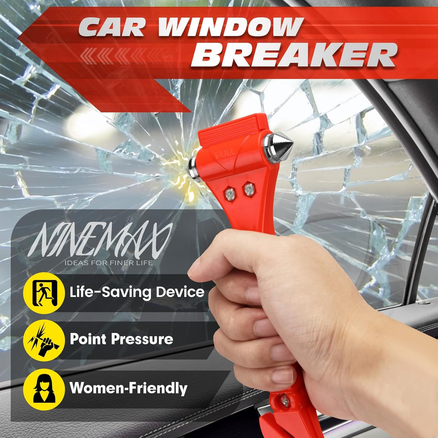 NINEMAX Car Window Breaker Seatbelt Cutter, Pack of 2 Car Safety Hammer Glass Breaker 2 in 1, Vehicle Escape Emergency Rescue Tool Window Punch Tool with Mount image number 1