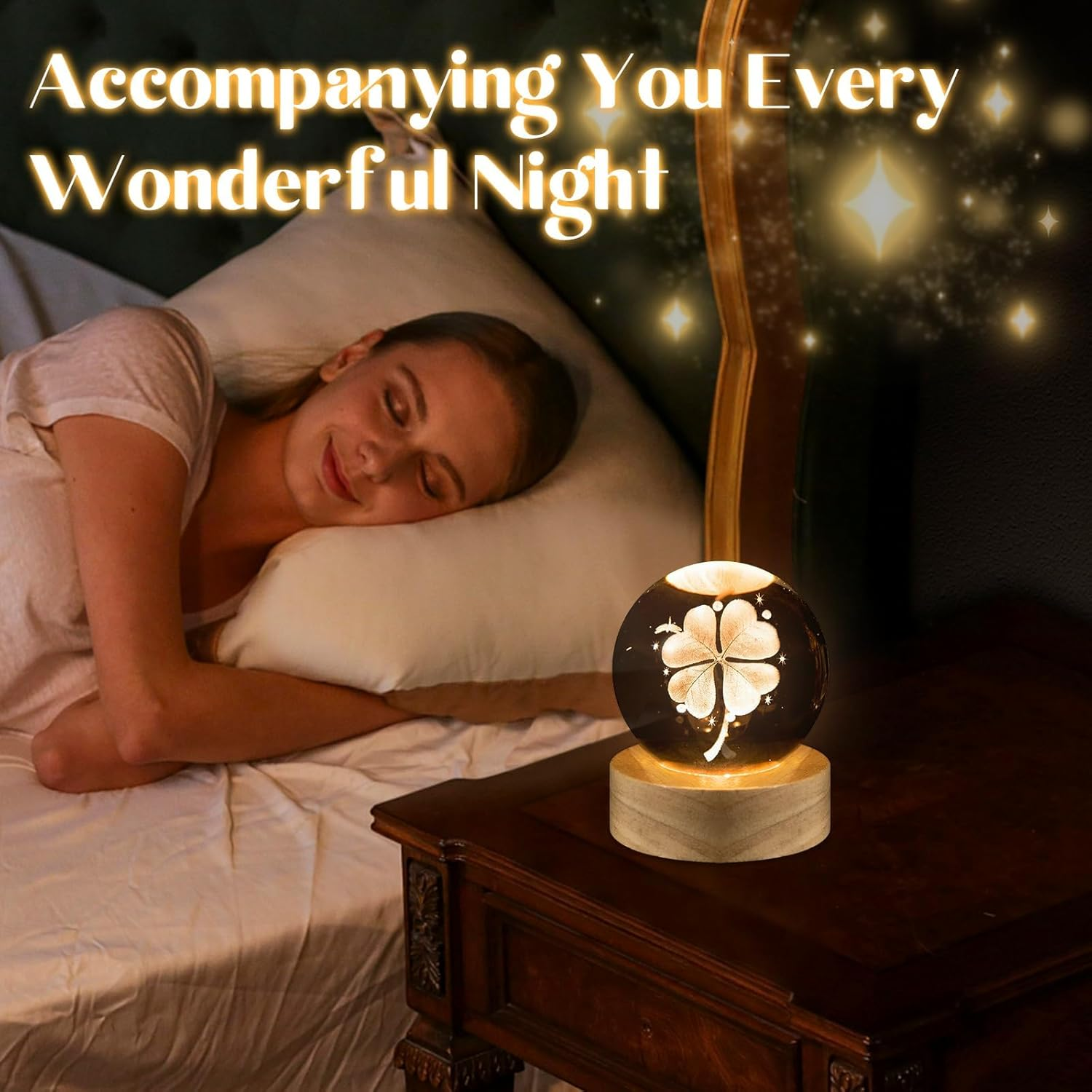 3D Crystal Ball Night Light, 60 Mm Four-Leaf Lucky Charm Clover Crystal Ball, Glass Ball Lamp Decoration with Wooden Base, Christmas Gifts Night Light for Children for Christening, Birthday image number 3