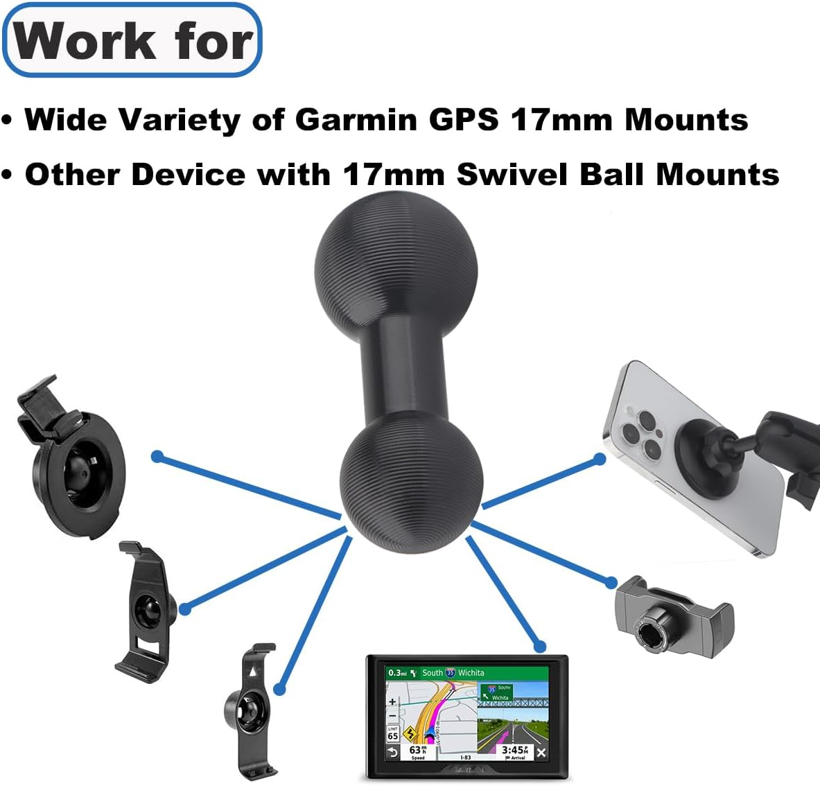 Aluminum 20Mm Ball to 17Mm Ball Adapter Extension Connector, for Garmin and Other GPS Devices with 17Mm Ball Connections, Compatible with Bulletpoint Dash Mount Arm, Black image number 2
