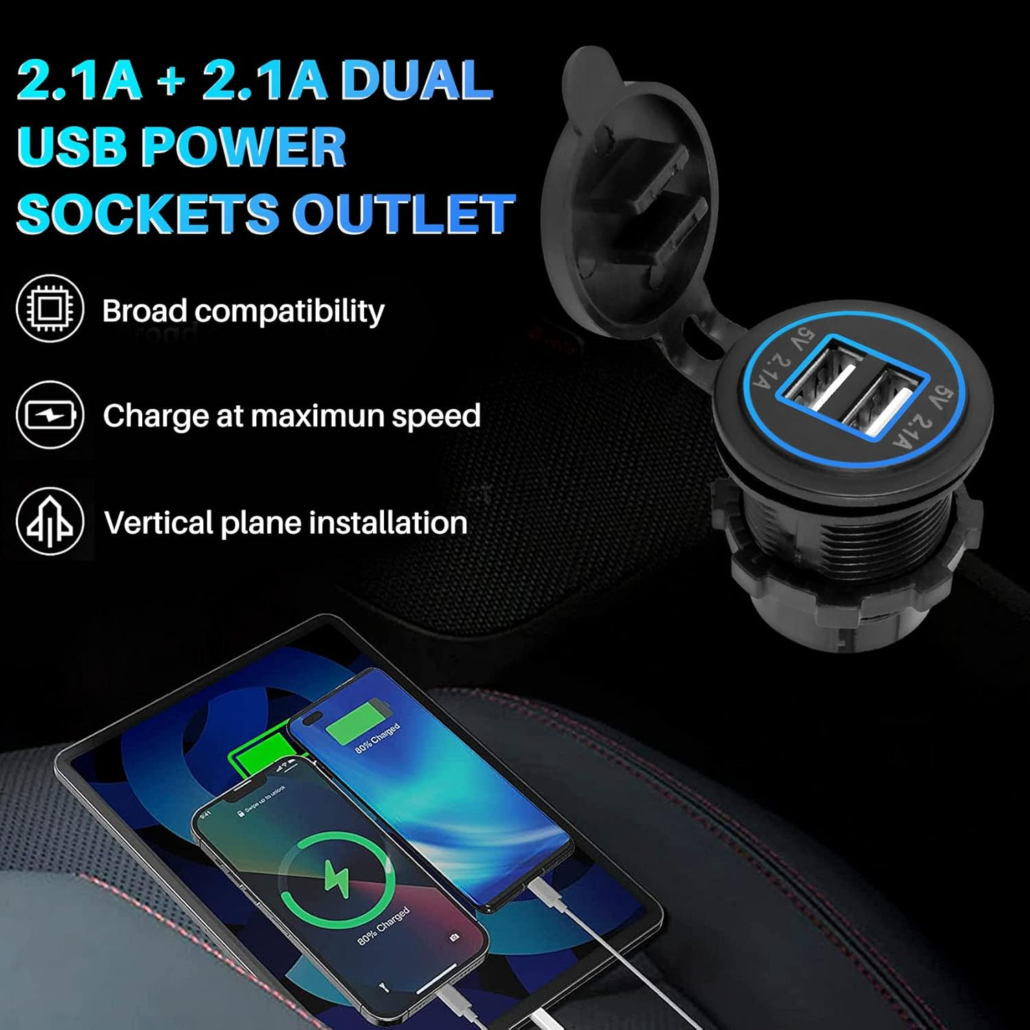 5V 4.2A Dual 2USB Charger Socket Adapter Power Outlet for 12V 24V Car Motorcycle(Blue)