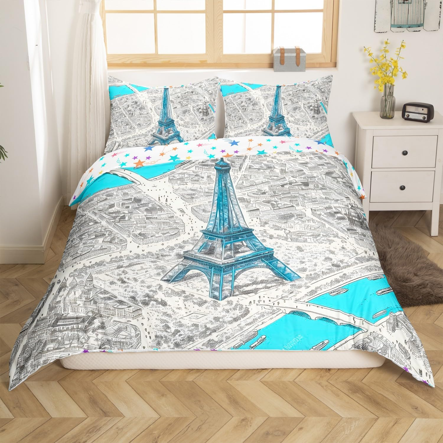 Jejeloiu Kids Eiffel Tower Bedding Set Full Size Paris Comforter Cover Set for Boys Girls French Cityscape Map Blue Duvet Cover Bedspread Cover Room Decor Quilt Cover,No Stuffing