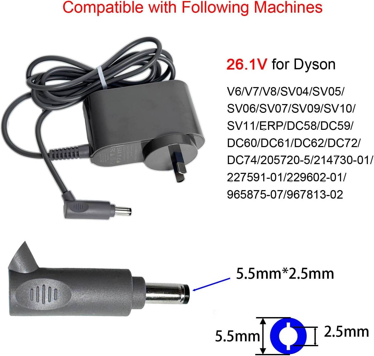 26.1V 0.78A Battery Charger for Dyson V8 V7 V6 DC58 DC59 DC61 DC62 DC74 SV03 SV04 SV06 SV07 SV09 Absolute Animal Fluffy Motorhead Cordless Vacuum Cleaner Adapter Power Supply, AU Plug, 205720-02 image number 2