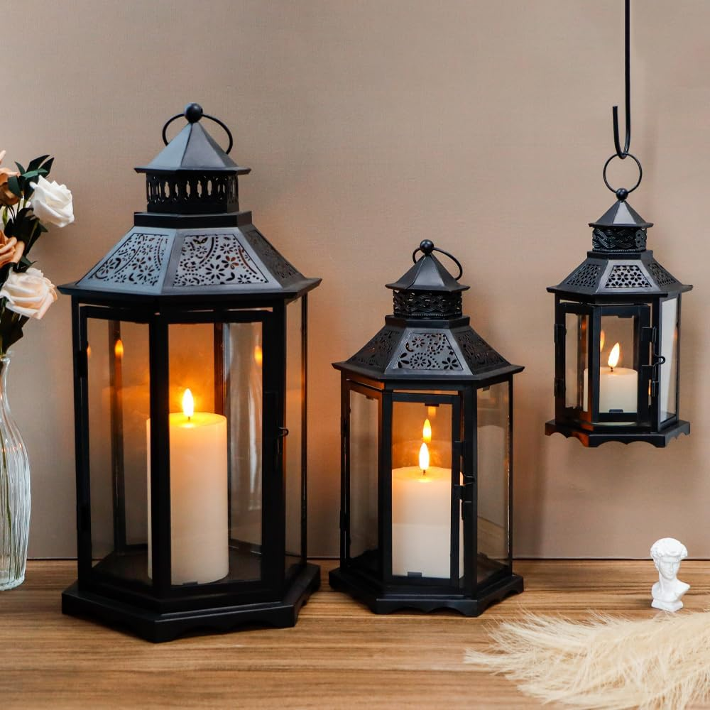 TRIROCKS Set of 3 Decorative Candle Lanterns18''&13"&10" H Hexagonal Candle Holder Vintage Metal Hanging Lantern with Tempered Glass for Garden Patio Wedding Event Indoors Outdoors(Black) image number 5