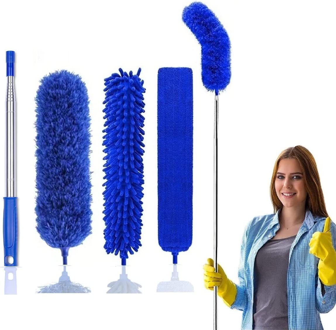New Upgrade Feather Duster 100Inch Bold Extension Telescopic Pole, Bendable & Washable Microfiber Dusters,With 3 Brush for Cleaning Ceiling Fan, Cobweb,Gap, High Ceiling, Blinds, Furniture, Cars