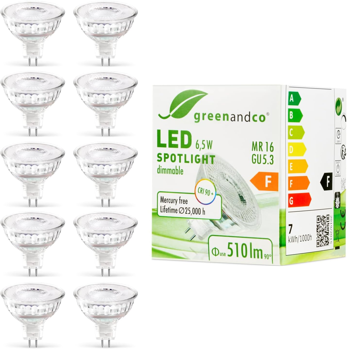Greenandco 10X MR16 GU5.3 | Dimmable | Replaces 45W | Warm White 3000K | CRI 90+ | 6.5W 510 Lm | 38&deg; | Flicker-Free | COB LED Spot | 12V AC/DC
