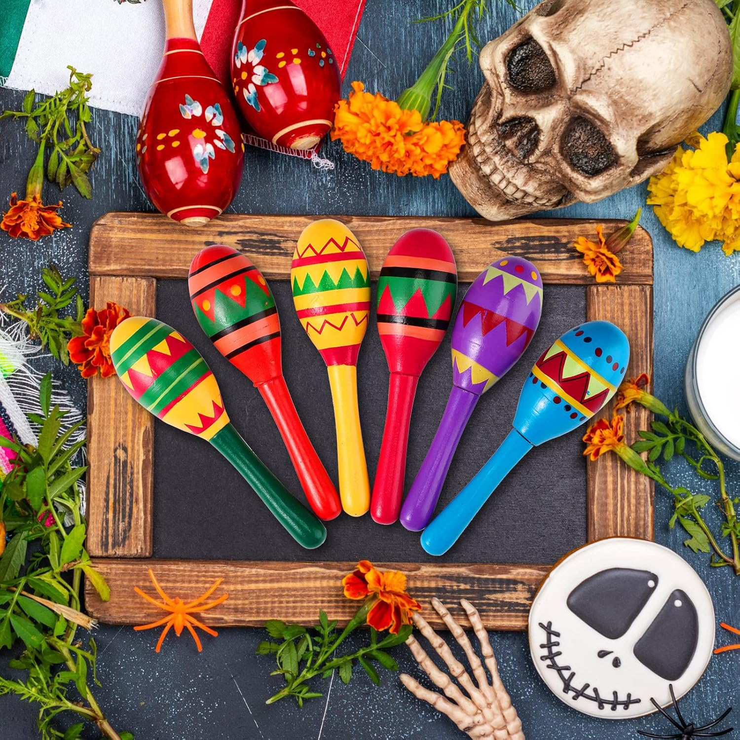 Civaner Mini Fiesta Wooden Maracas 6 Designs Noisemaker Party Decorations Mexican Cinco De Mayo Favors for Theme Carnival Props (24 Pcs) image number 4