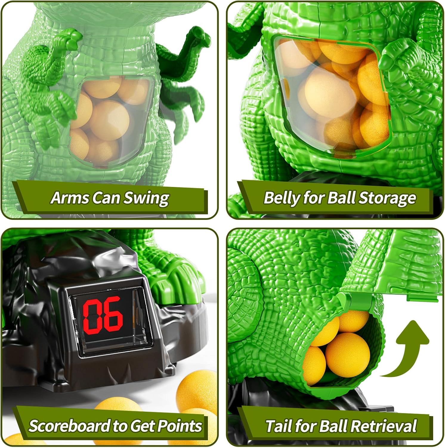 JUKUDAHU Dinosaur Shooting Toys for Kids Age 3 4 5 6 7 - Moveable Dinosaur Toy with Scoreboard, Light Sound Spraying, 12 Toy Balls, Competition Game Gifts for Boys Girls Age 5-7 6-8 8-10 (Green) image number 2
