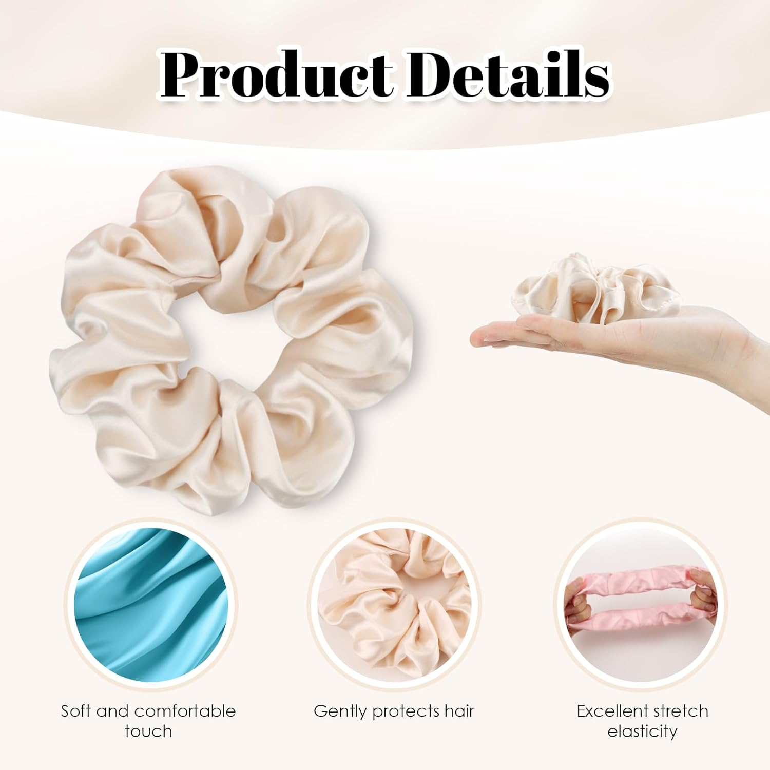 Glasflength Hair Bobbles Silk Scrunchies, Pack of 3 Silk Hair Rings Soft Elastic Silk Hair Bobbles Hair Gentle Silk Scrunchies for Women and Girls Hair Accessories (Pink + Sky Blue + Champagne) image number 5