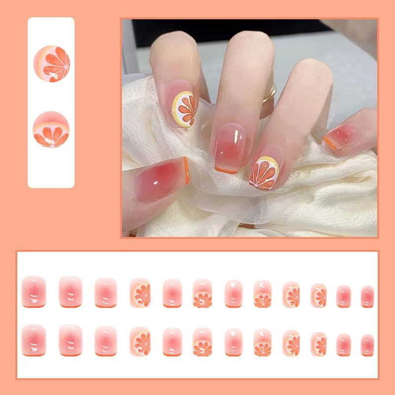 24X Orange Fake Nail Reusable Stick on Nails Press on Full Cover False Nail Tips, ABS Fashion Stick-On Nails, Easy Application, Elegant and Versatile Design for All Occasions image number 5