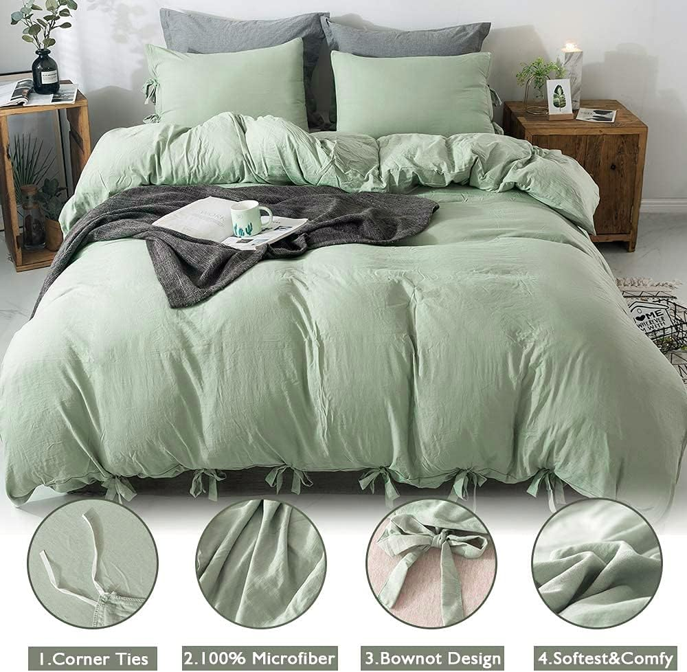 Annadaif Sage Green Duvet Cover Queen Size, 3 Pieces Soft Washed Microfiber Duvet Cover Set, Comforter Cover with Bowknot Bow Tie (1 Duvet Cover 90X90 Inch, 2 Pillowcases) Easy Care Bedding Set