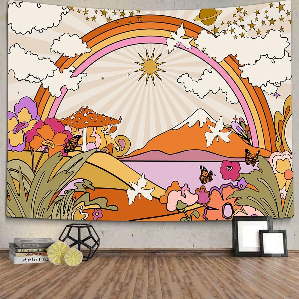 TOMOZ Vintage 70S 60S Groovy Tapestry, Retro Flowers Clouds Sun and Rainbow Tapestry Wall Hanging, Orange Boho Aesthetic Tapestry for Bedroom Living Room Dorm Decor 60 X 51Inch image number 4