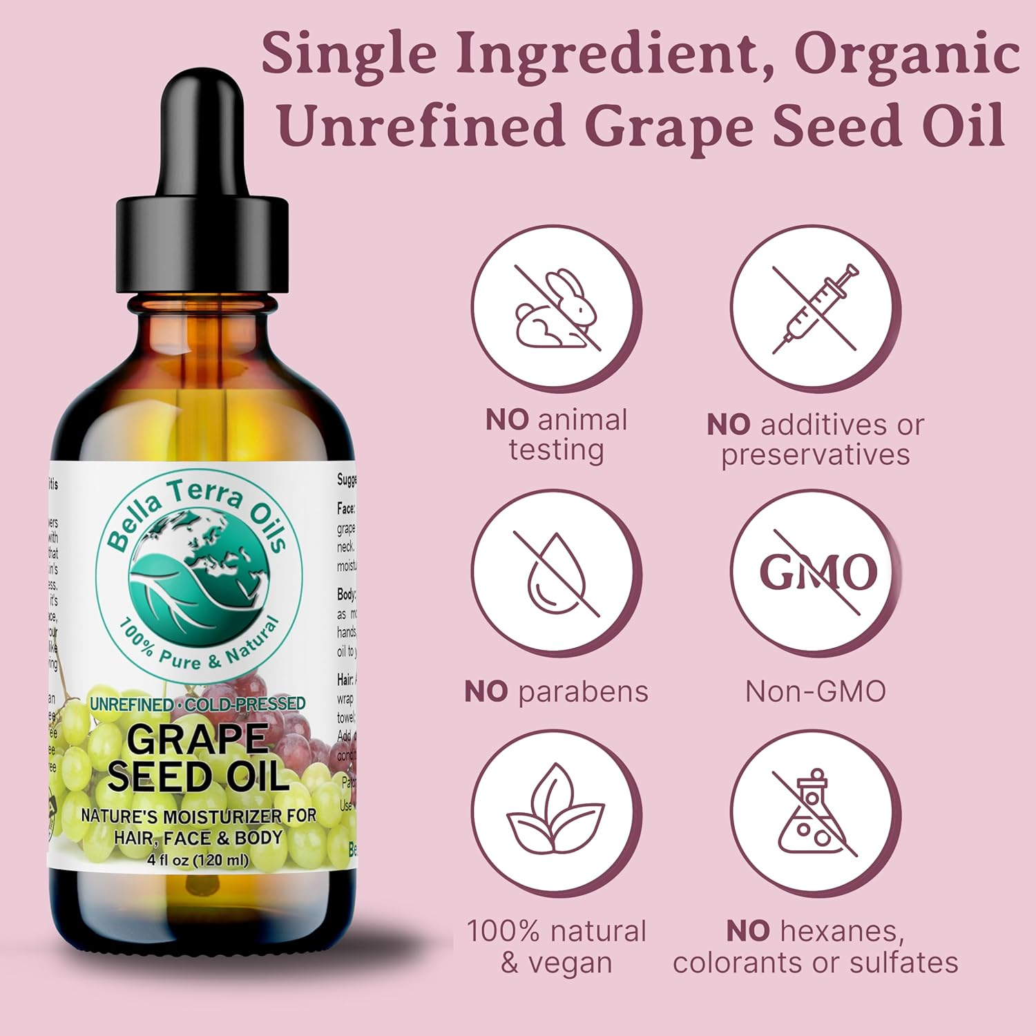 Grape Seed Oil 4 Oz 100% Pure Cold-Pressed Unrefined Organic Hexane-Free Natural Moisturizer for Skin Hair. Non-Comedogenic. Great for Sensitive, Acne-Prone Skin. Fast-Absorbing. Bella Terra Oils image number 4