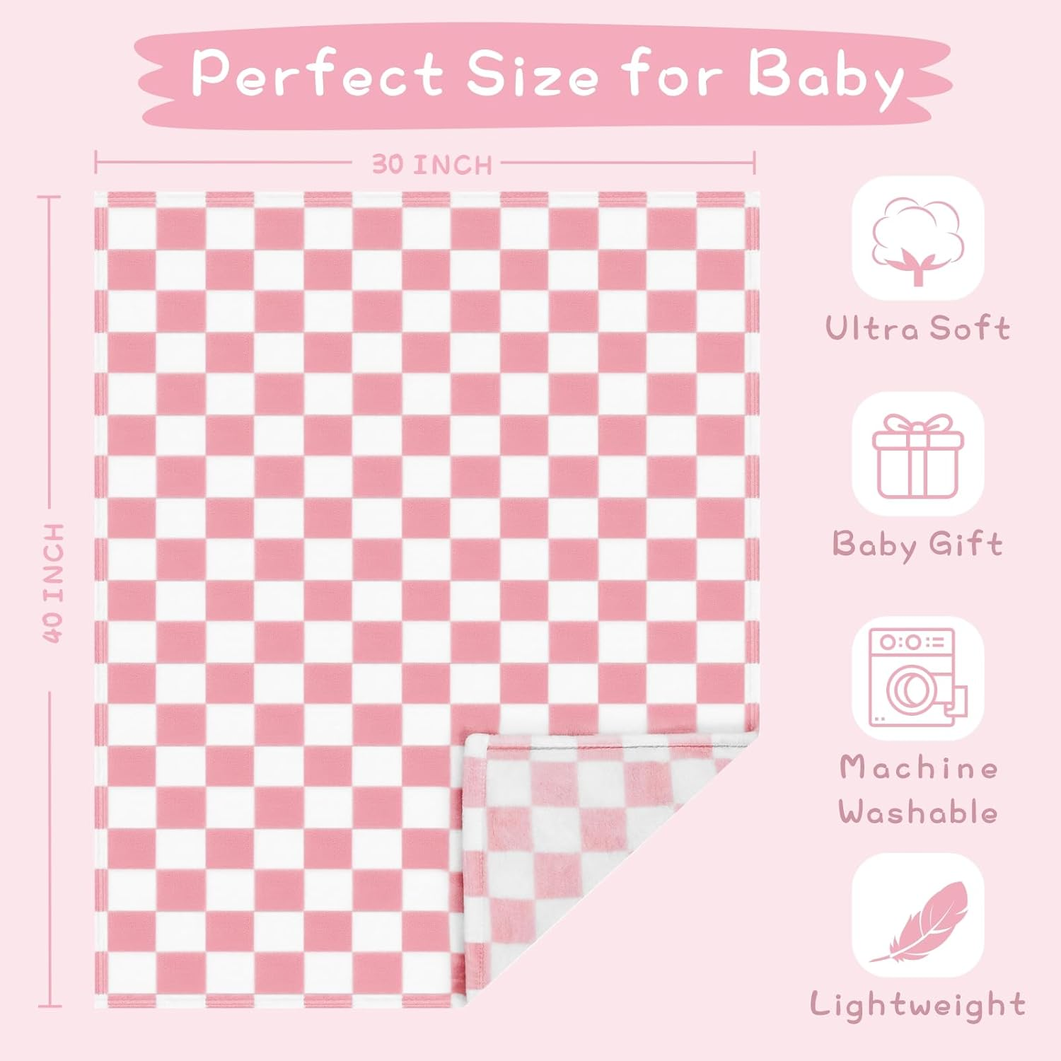 Yurhap Checkered Baby Blanket for Girls Pink Fleece Baby Blankets for Girls Boys, Warmer Comfort Lightweight Bed Blanket for Toddlers Infants or Newborn, 30''X40'', Pink