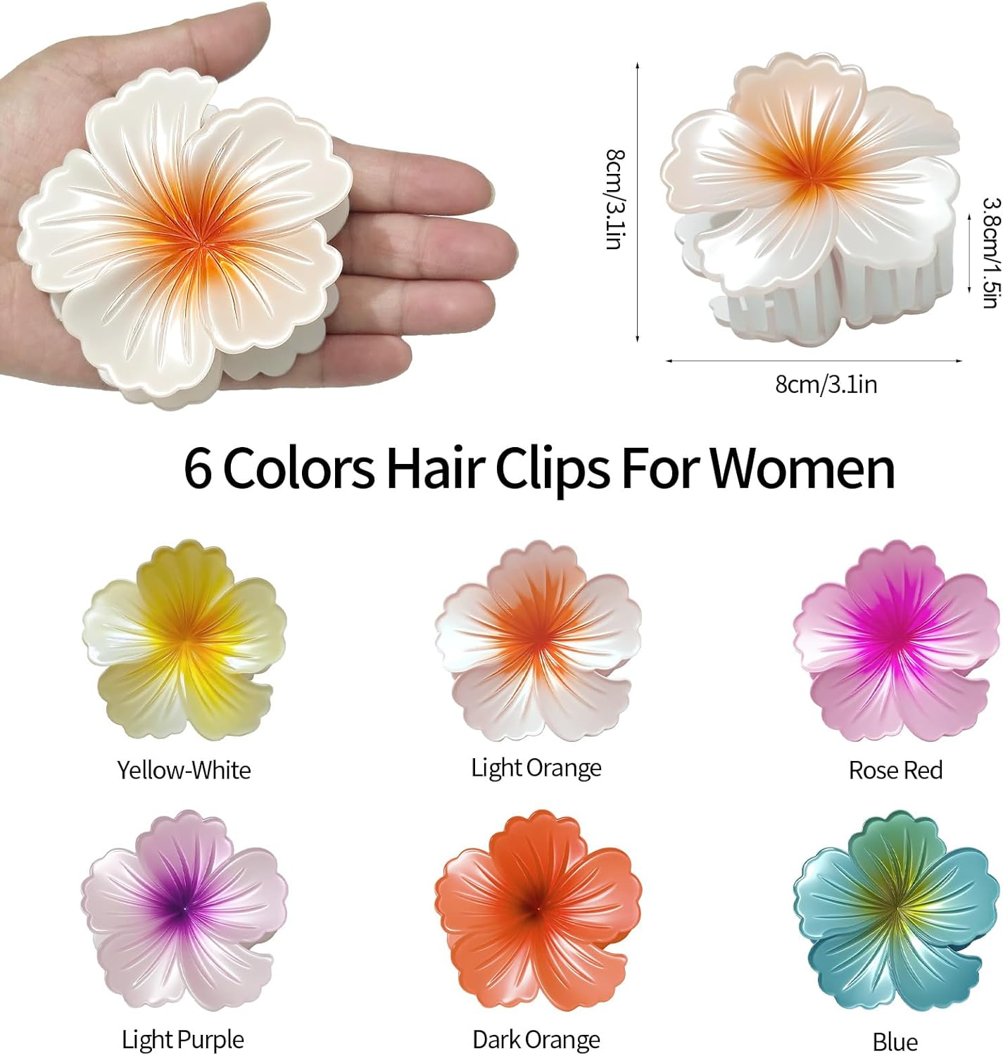 Elzle Pack of 6 Flower Hair Clips for Women, Hawaiian Hair Clip, Colourful for Girls, Thick/Thin Hair, Non-Slip Plastic Hair Claws for Beach Holidays, Daily Wear image number 3