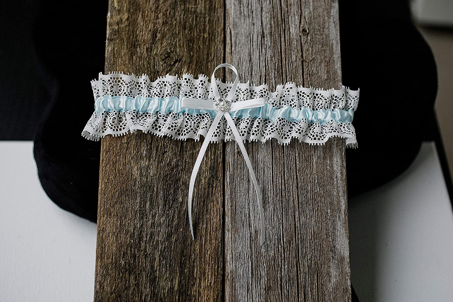 LR Bridal Blue Lace Wedding Bridal Garter with Rhinestone Satin Bow for Brides image number 3