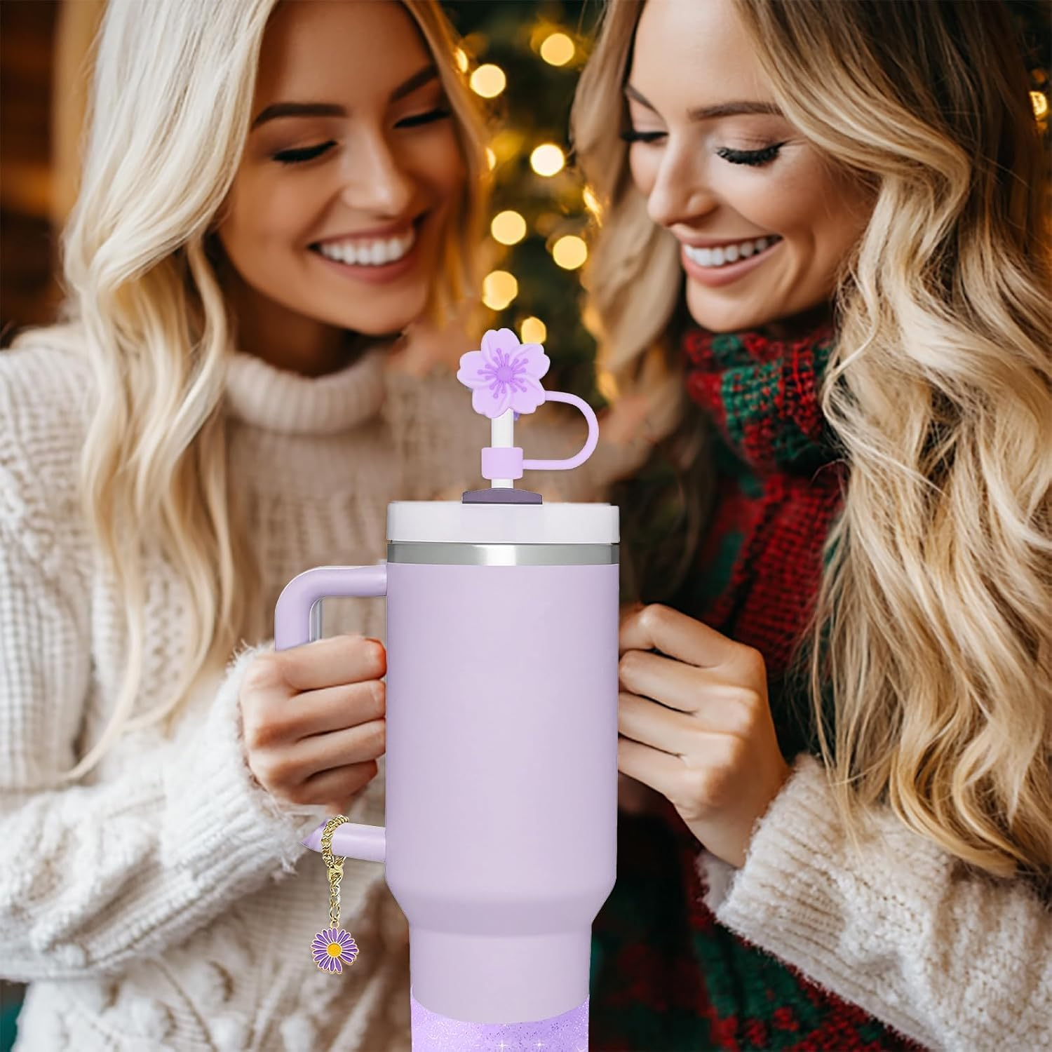 XIANGYUAN Stanley Cup Accessories Set,Including 2 Pcs 0.4In Straw Cover, 1 Silicone Spill-Proof Stopper Set of 3, 1 Cute Flower Handle Charm, 1 Silicone Boot Fits Stanley 40&30 Oz Tumbler