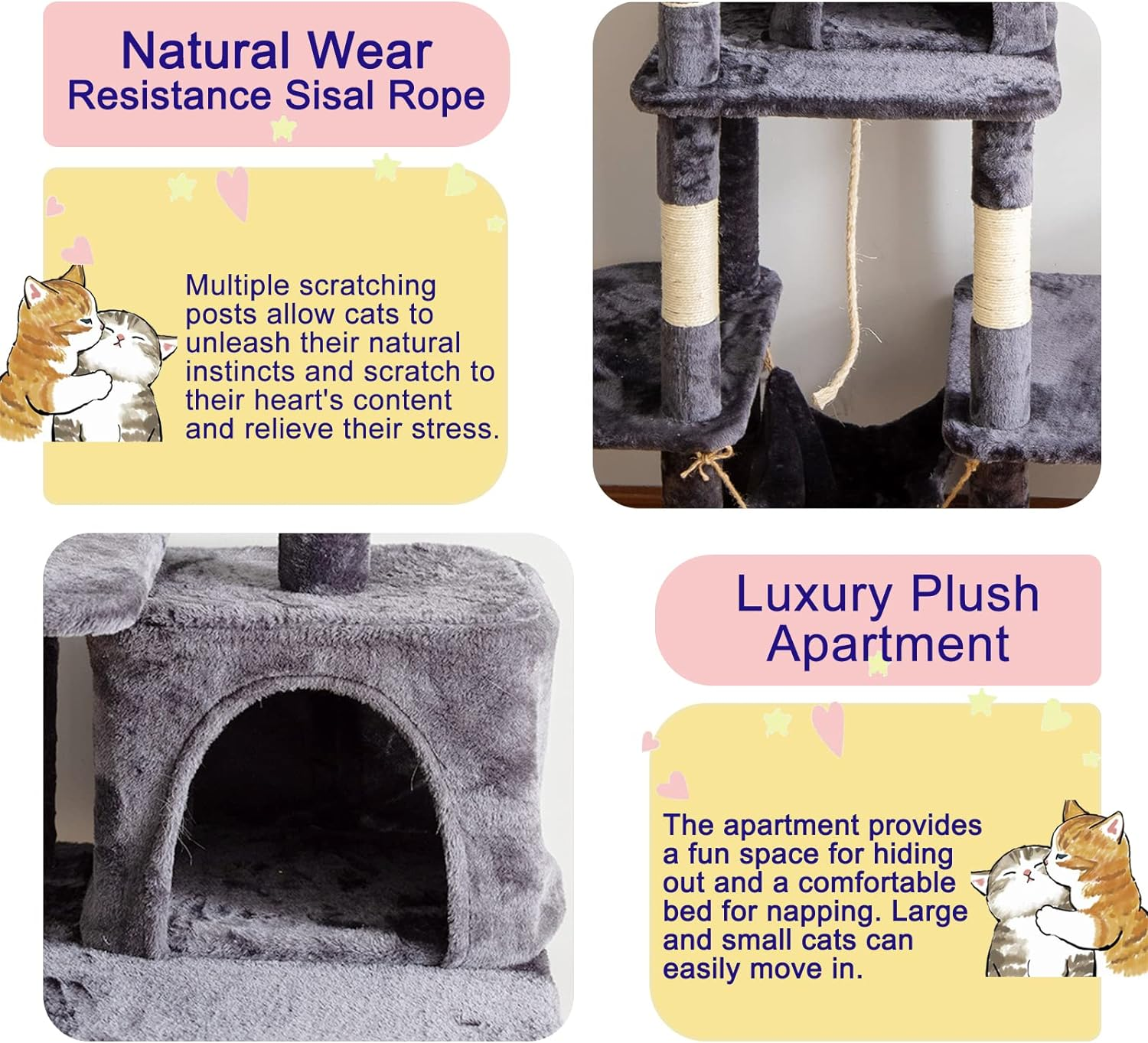 UPET Cat Tree 155Cm Luxury Cat Tower with Scratching Posts Board Multi-Level Houses Prech for Indoor Cats Heavy Duty Cat Cage Condo Shelves for Kittens Pet Play House Furniture（Dark Grey） image number 3