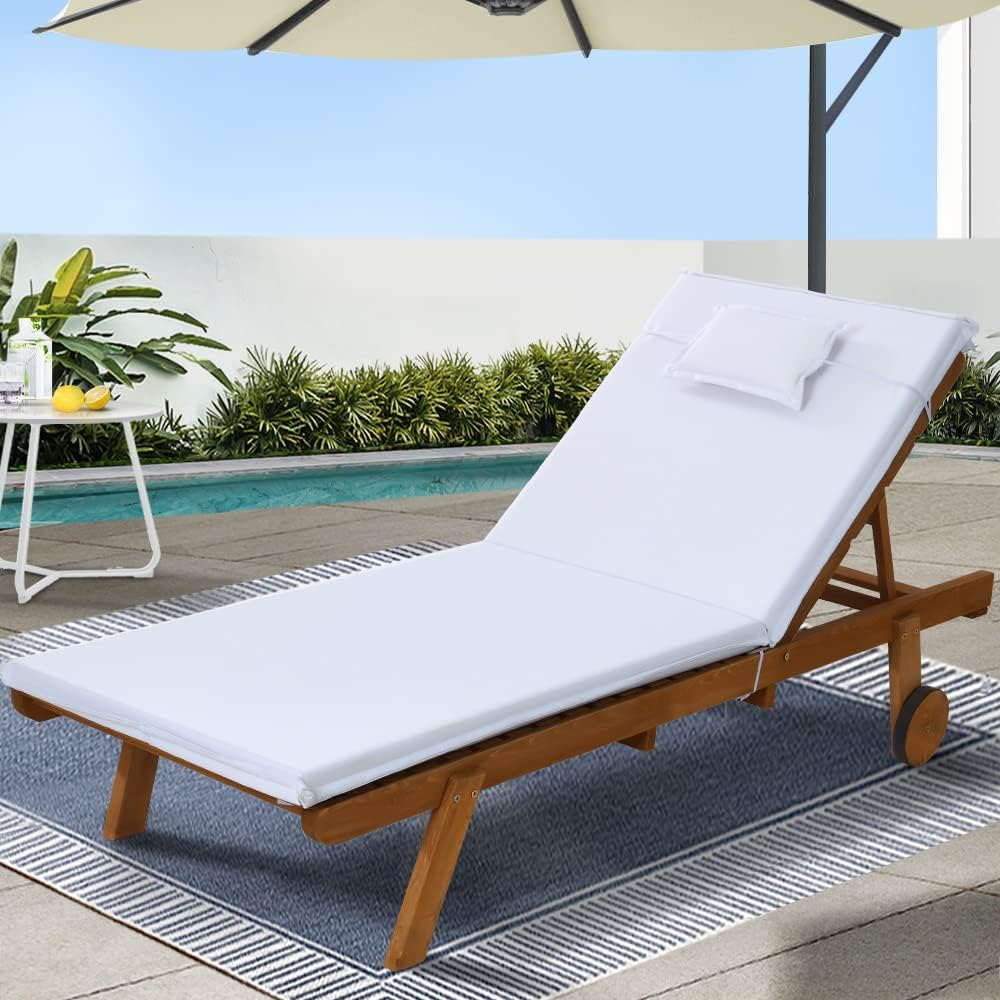 Gardeon Sun Lounge Camping Chair Wooden Wood Lounger, Chaise Beach Chairs Outdoor Furniture Garden Patio Setting Pool Backyard, with Wheels Cushion Pillow Adjustable Backrest White image number 1