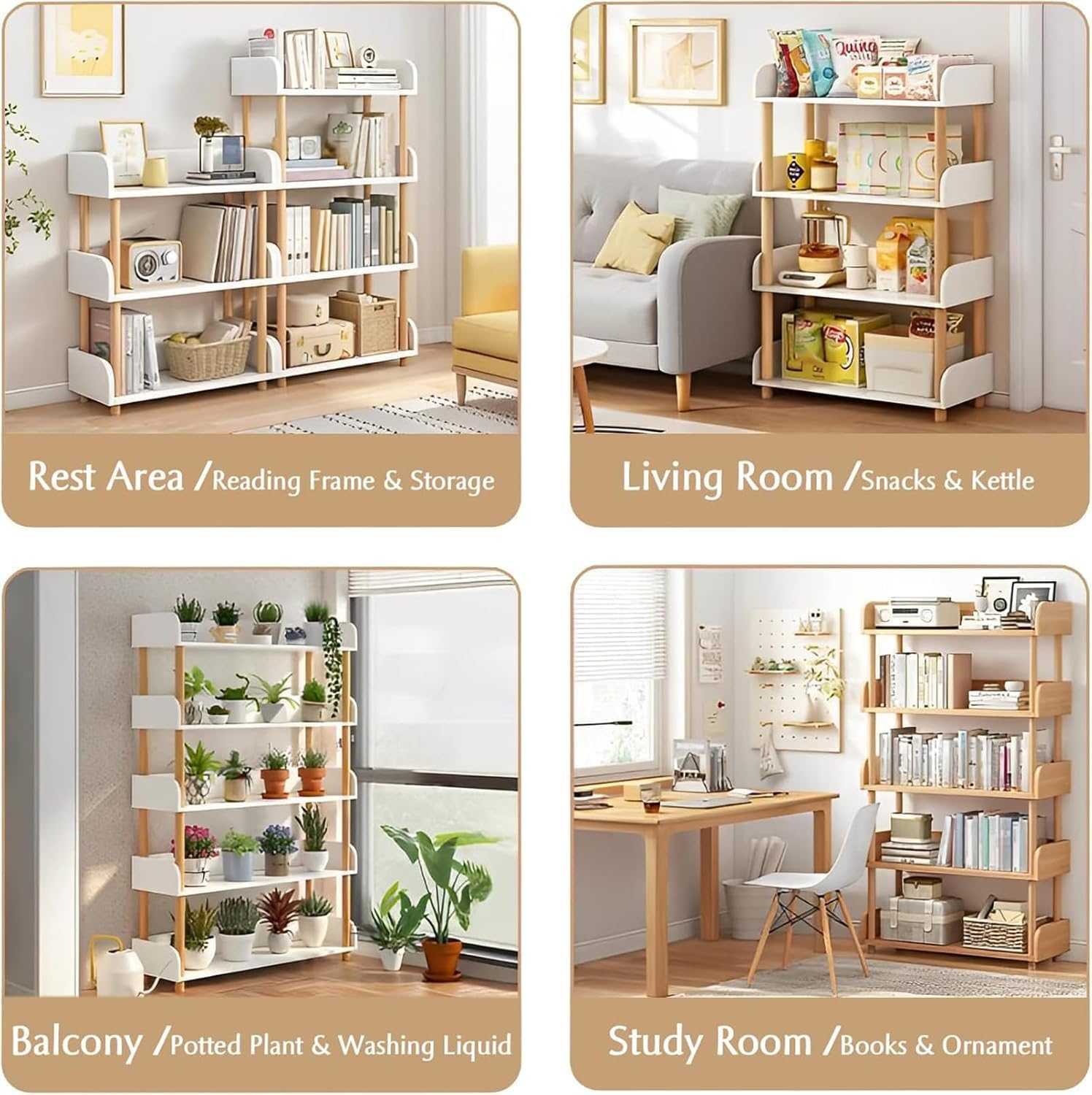 4-Tier Wooden Open Bookcase, Modern Freestanding Bookshelf Organizer with Side Panels, Wood Storage Shelves Display Stand Plant Rack for Home and Office, Storage Cabinet (4-Tier White 60CM) - 4-Tier White 60Cm image number 2
