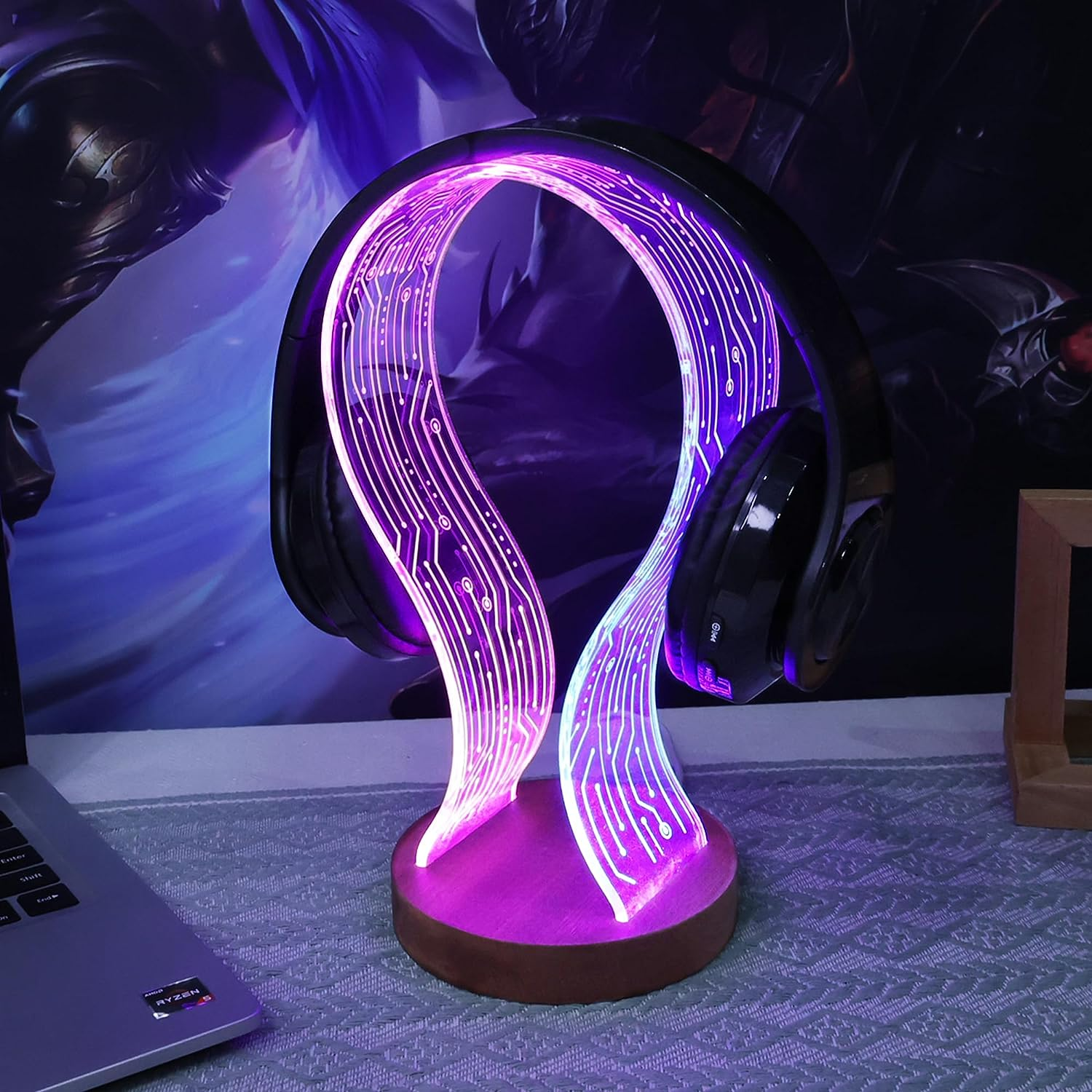 Yuandian Headphone Stand, Wood Headset Holder with Blue Pink LED Night Light for Gamers, Men, and Music Lovers - Desk Gift Idea - Pcb-Tray-Wooden Color image number 5