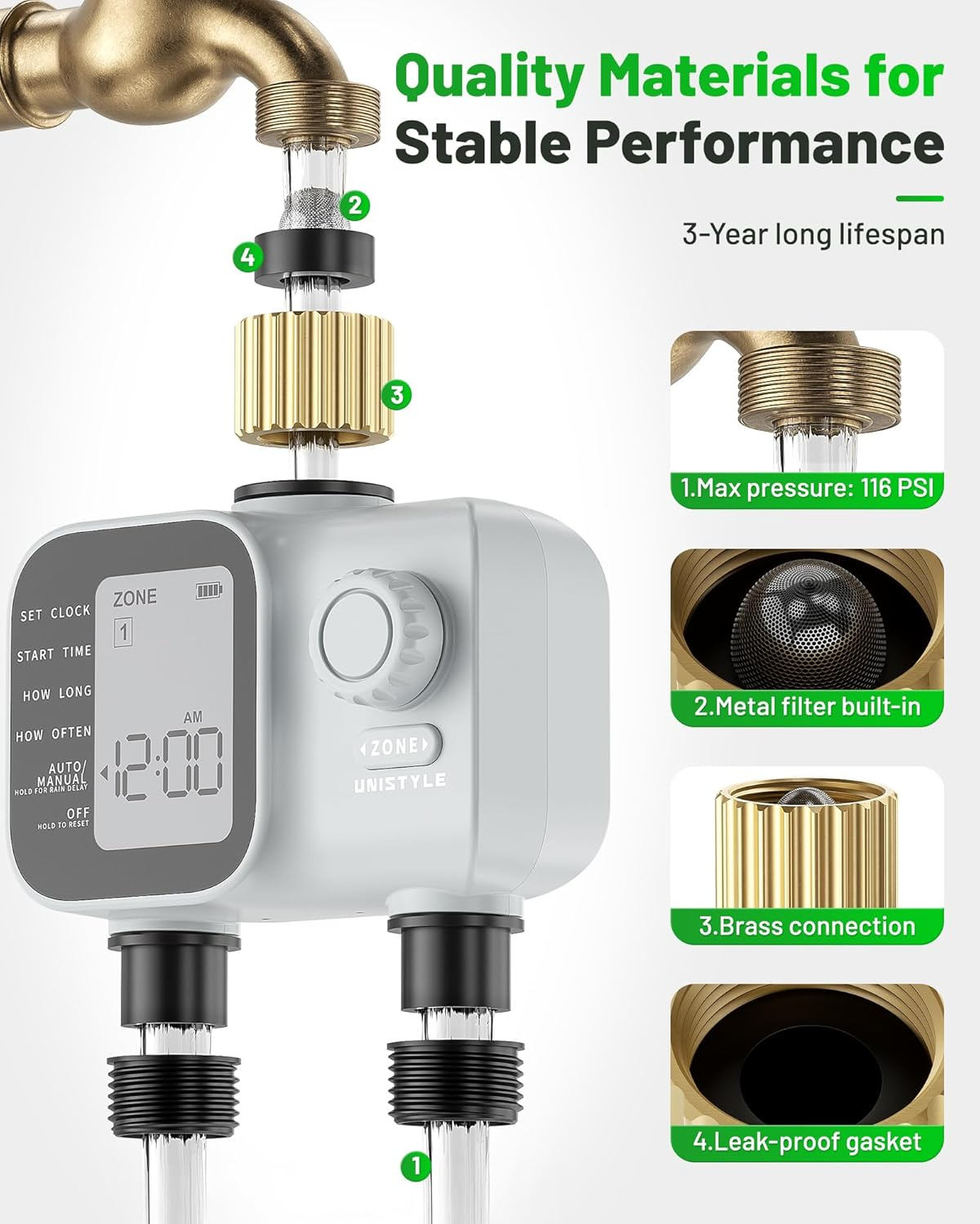 Water Timer 2 Zones, Sprinkler Timer Dual Outlet with Industrial Brass Inlet, Easy to Set Up, Automatic/ Manual/ Delay Mode for Watering Hose, Programmable Garden Tap Irrigation System image number 5