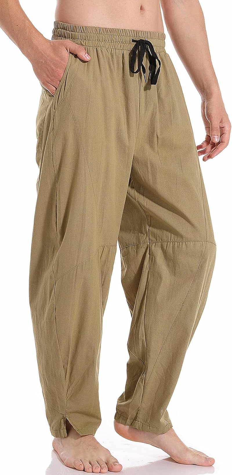 AITFINEISM Men'S Casual Linen Cotton Pants Comfy Loose Fit Elastic Waist Wide Leg Trousers
