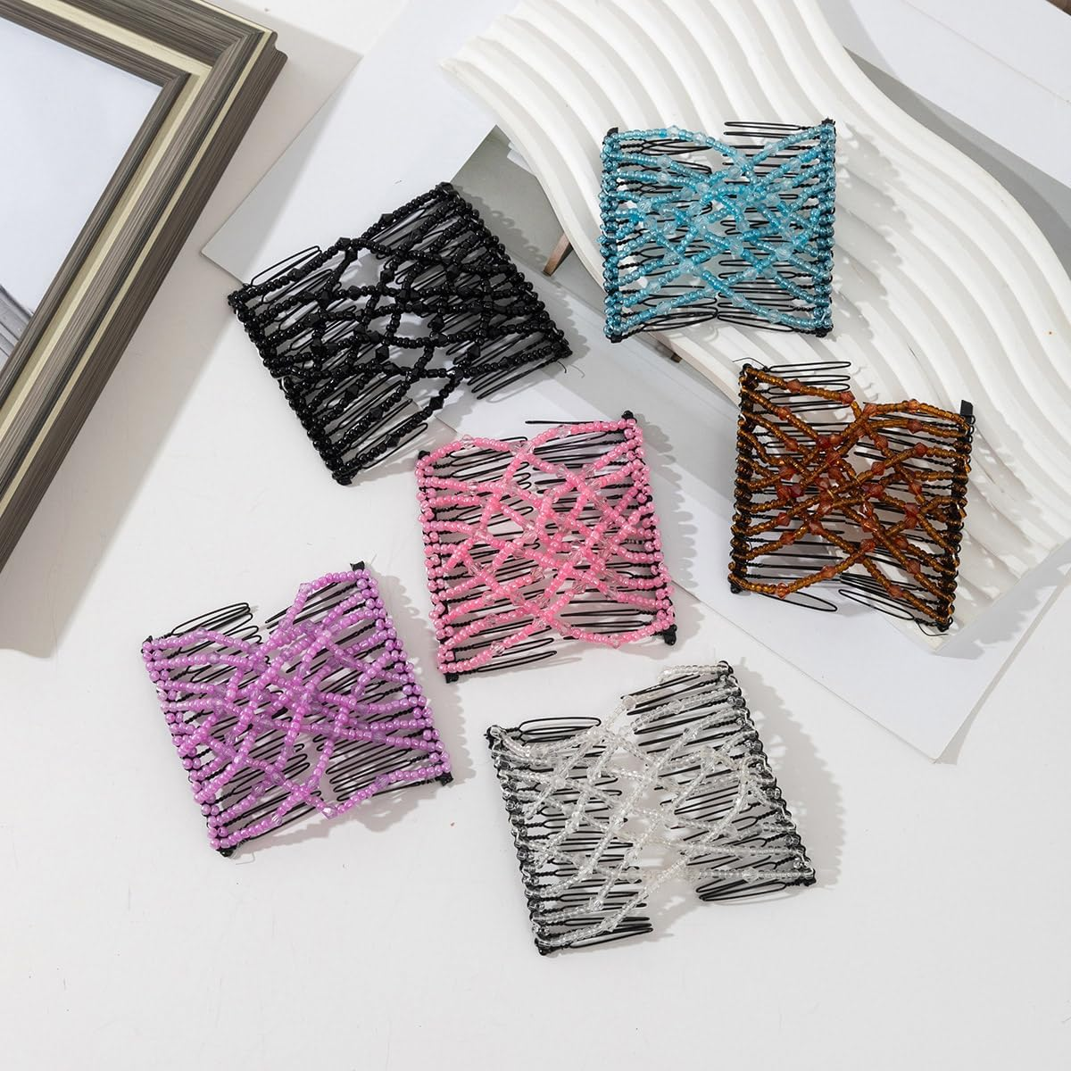 Hoite 3Pcs Women Elastic Comb Hair Clips Vintage Beaded Black White Brown for Daily Styling Securing Various Hairstyles image number 2