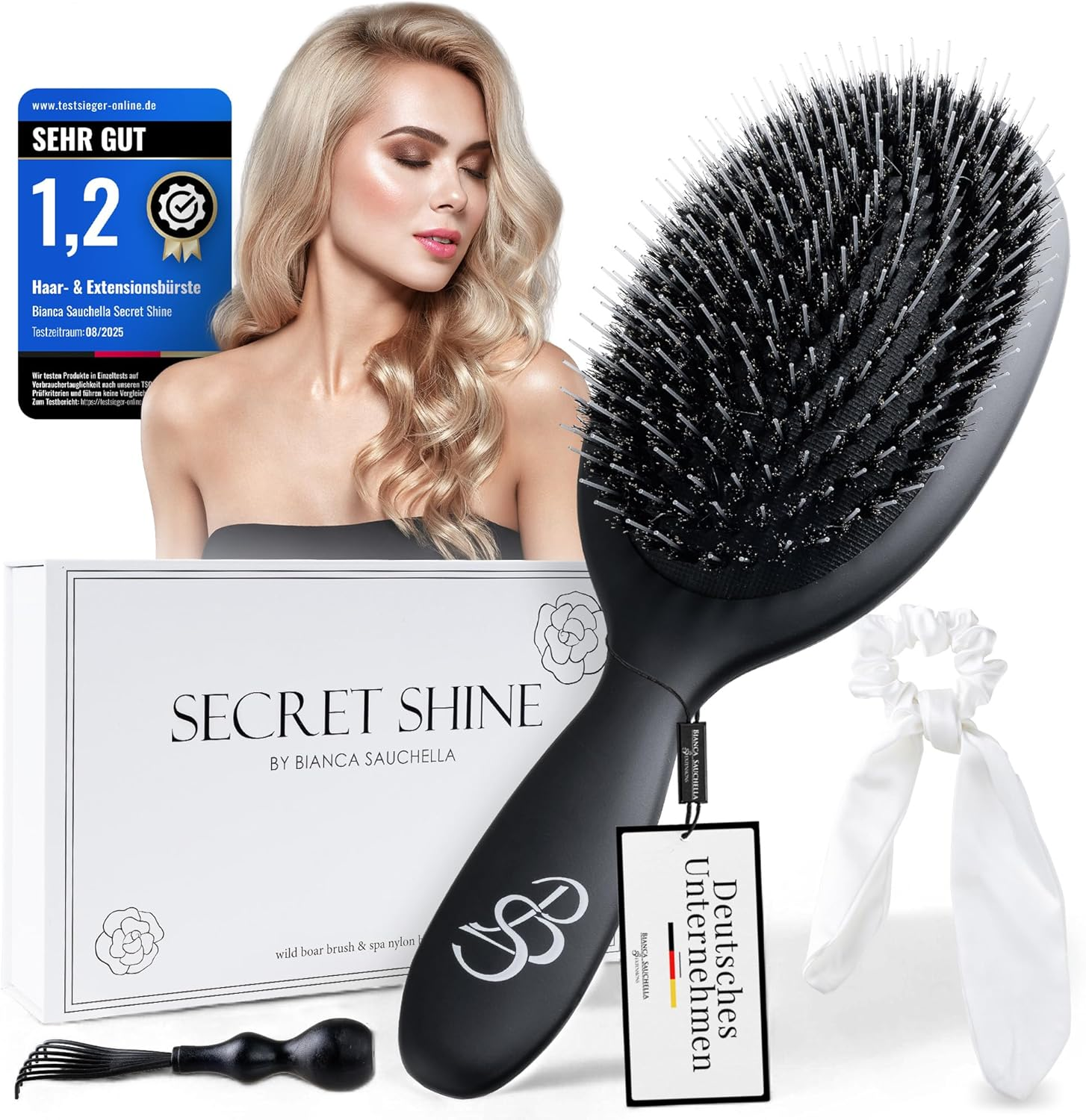 Bianca Sauchella Secret Shine Extensions Brush - Wild Boar Bristles & Keratin Pens, Anti-Frizz, Gentle without Pulling, Ideal for Tape-In, Bonding & Clip-In Extensions (Black) image number 6