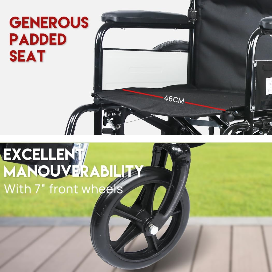 24 INCH Lightweight Foldable Wheelchair with Park Brakes and Free Flip Armrests &ndash; Perfect for Elderly Comfort and Convenience! - Black image number 3