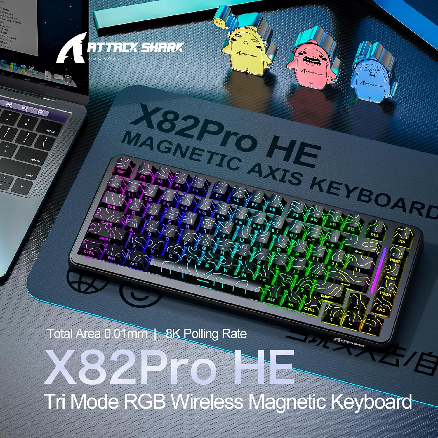 ATTACK SHARK X82 PRO HE Wireless Rapid Trigger RGB Mechanical Gaming Keyboard with Adjustable Actuation,2.4G/Wired/Bt,8K Polling Rate,Hall Effect Magnetic Switch,5000Mah Battery for Fps(Black Contour) image number 3
