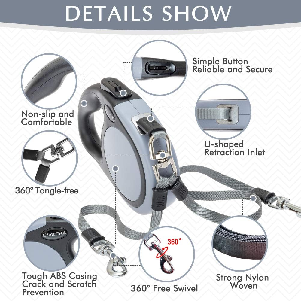 KOOLTAIL Dual Retractable Dog Leash for Two Dogs up to 110 Lbs, Heavy Duty Double Headed 16 Ft Flexi Extendable 360&deg; Tangle-Free One Button & Lock Brake Dog Leash for Small Medium Large Dogs Grey - Grey Solid image number 5