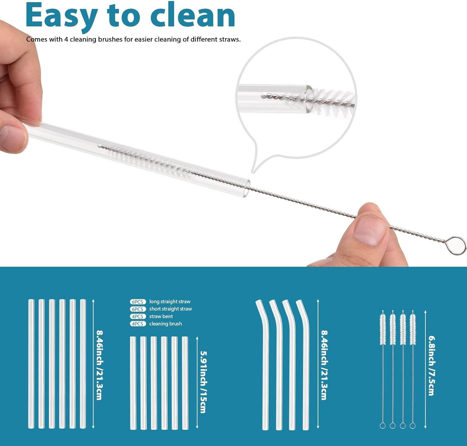 20 Pack Reusable Glass Straws,Set of 12 Straight and 4 Bent with 4 Cleaning Brush,Perfect for Smoothies,Tea, Juice, Milkshakes(8.5''X10 MM) image number 3
